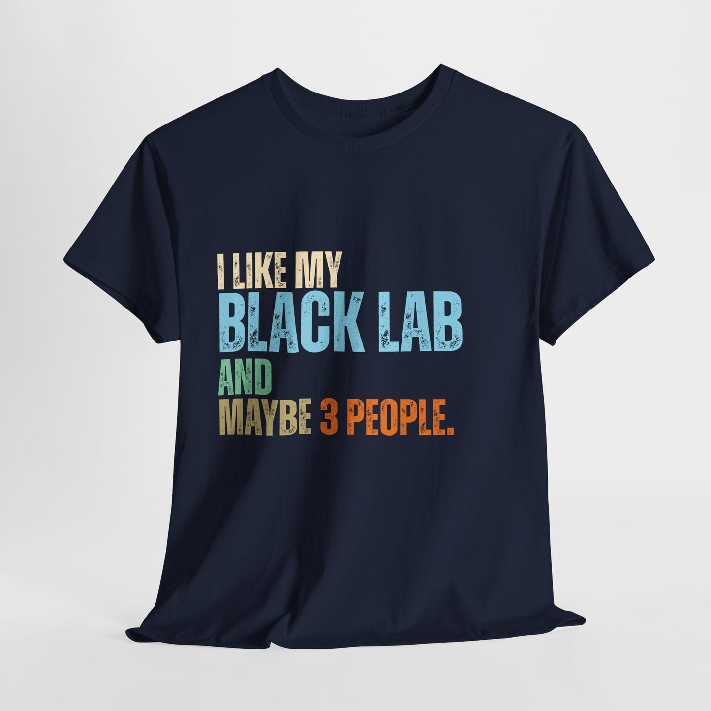 Navy blue t-shirt with colorful text on a light gray background