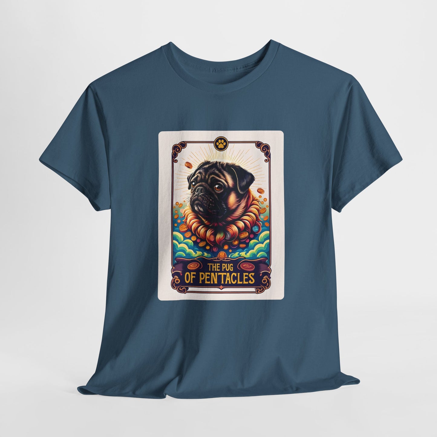Blue t-shirt with a graphic of a pug on a tarot card design.