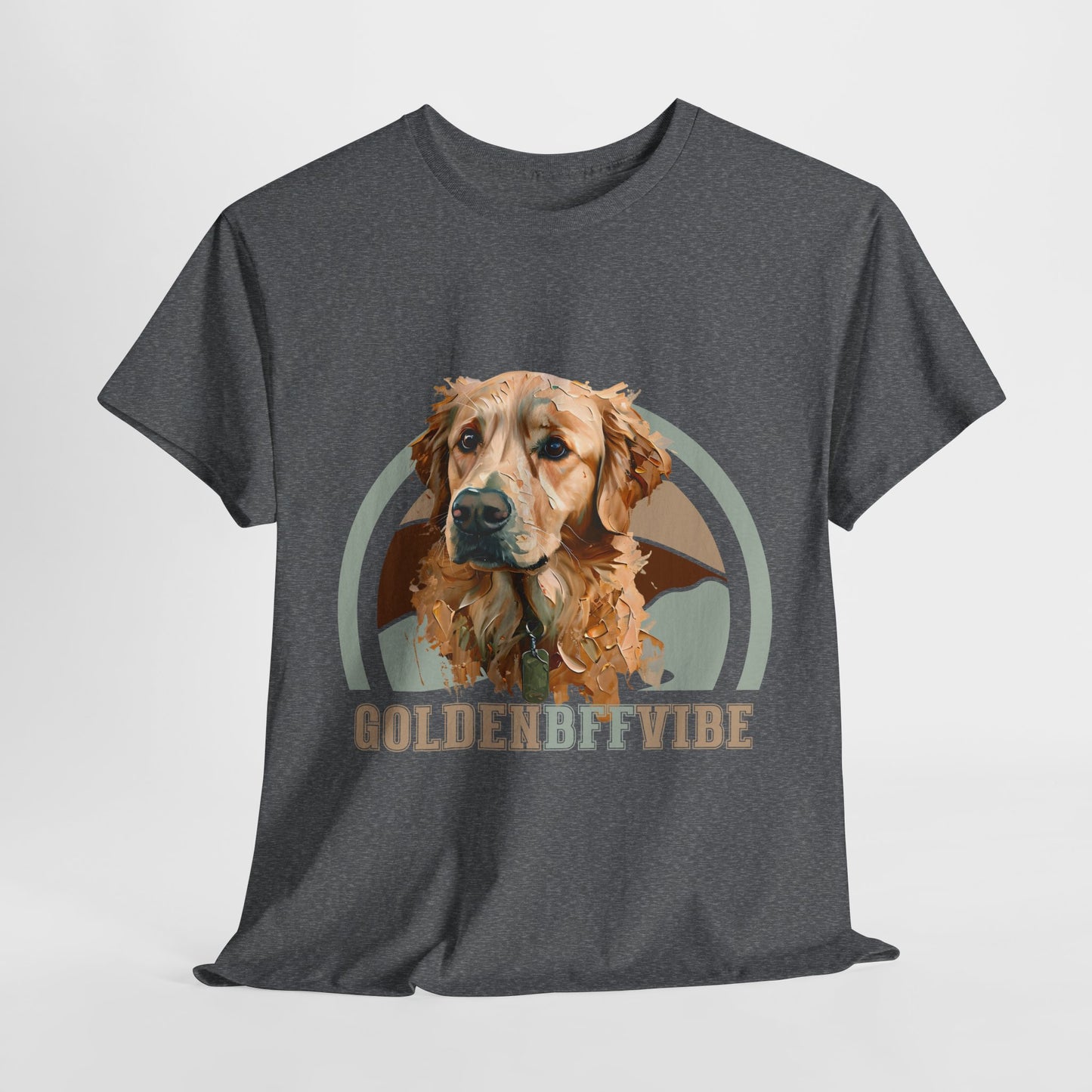 Gray t-shirt with a dog graphic and 'GOLDENBFFVIBE' text on a light gray background