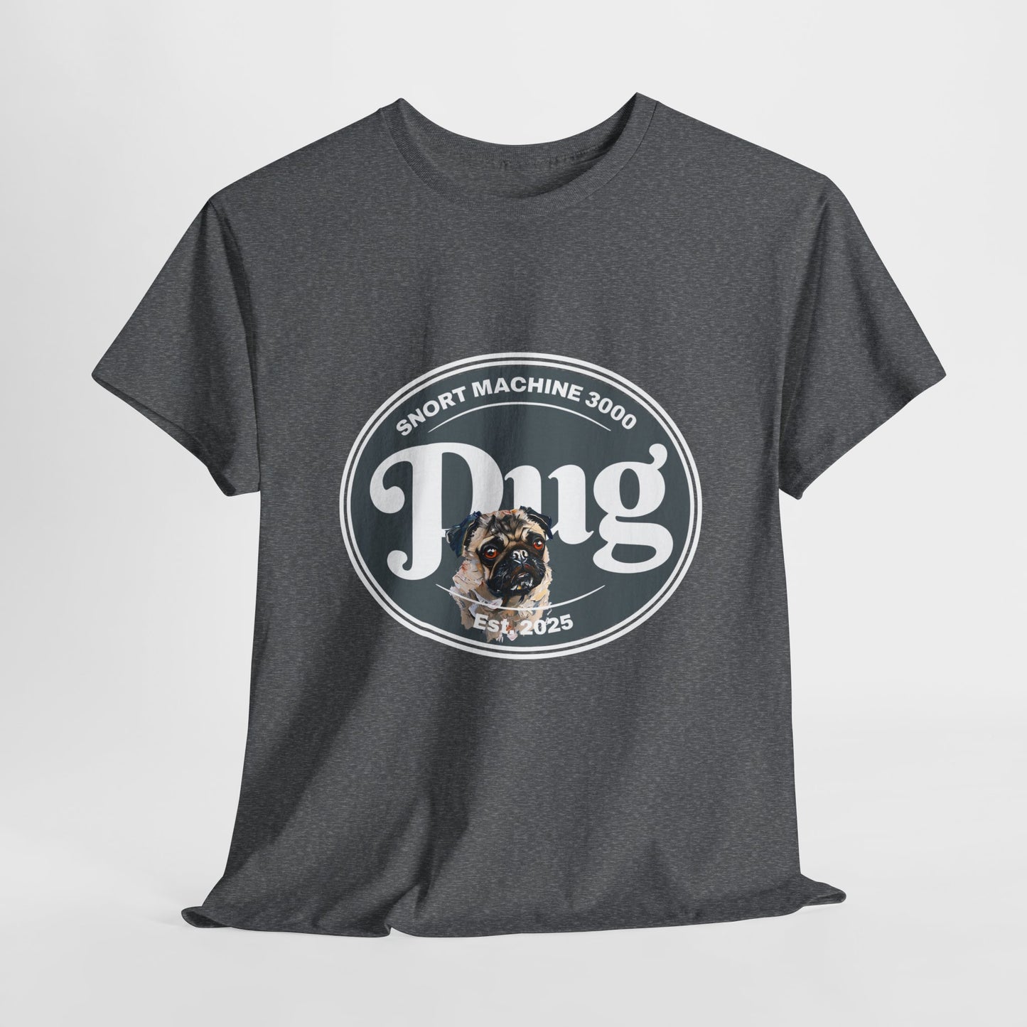 Dark gray t-shirt with a graphic of a pug and text on a light gray background