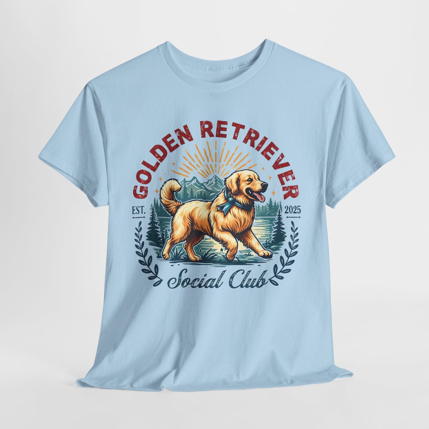 Light blue t-shirt with a Golden Retriever graphic and text on a white background