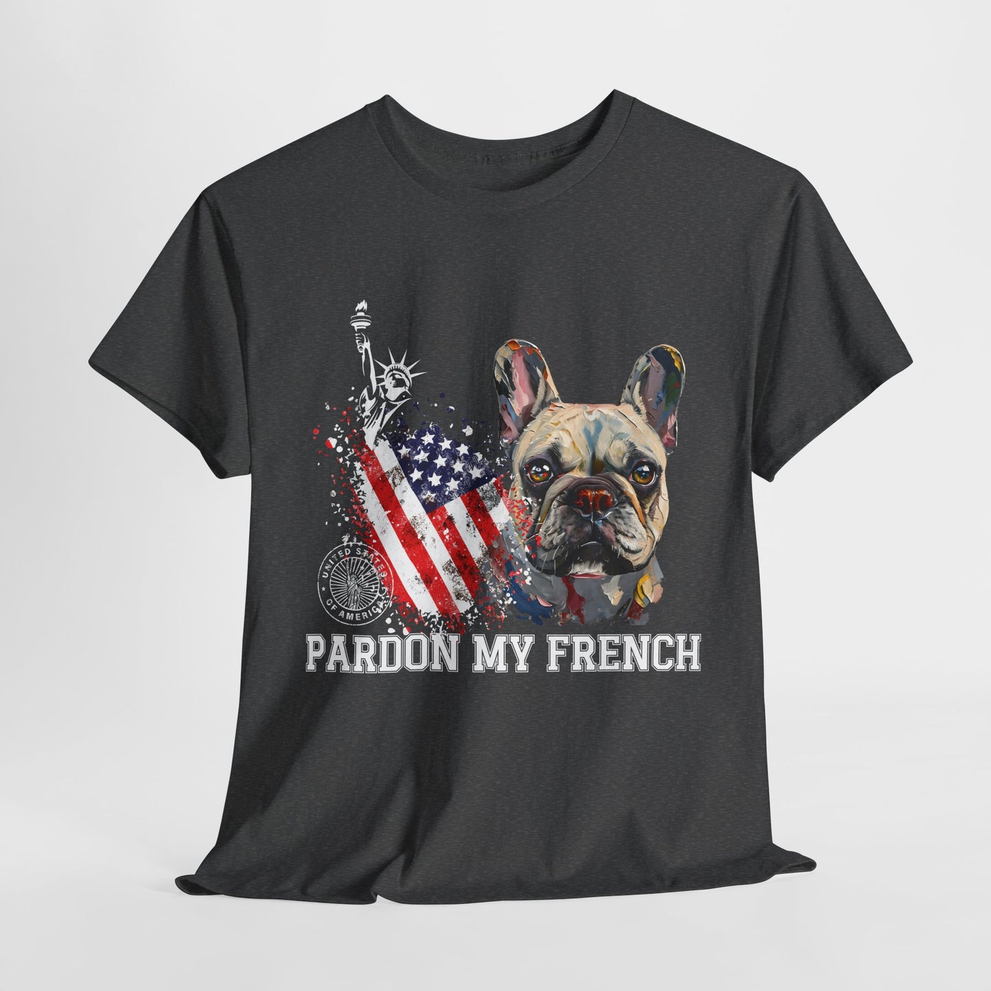 Black t-shirt with a graphic of a French bulldog, American flag, and Statue of Liberty on a white background.