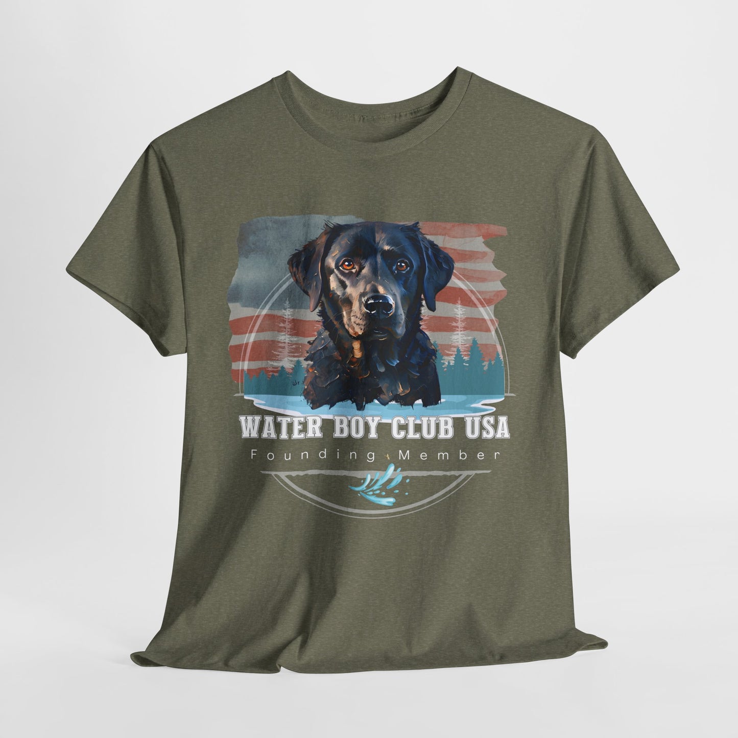 Green t-shirt with a dog graphic and 'Water Boy Club USA' text on a white background