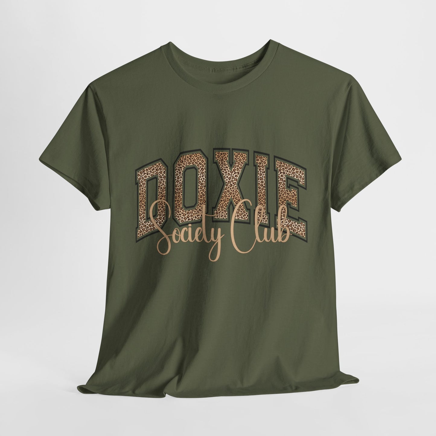 Green t-shirt with 'Doxie Society Club' text on a white background