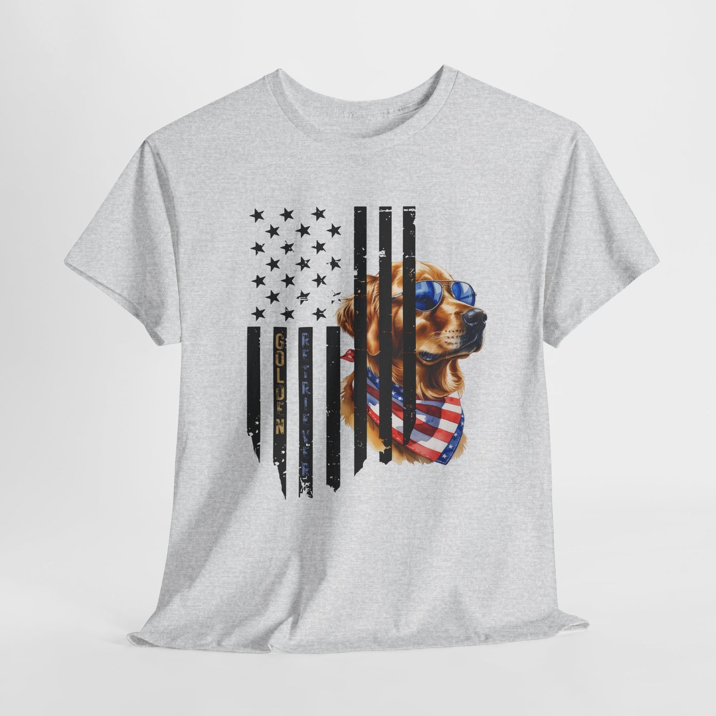 Ash t-shirt with a dog design featuring an American flag, surrounded by sunglasses, shoes, and pet food.