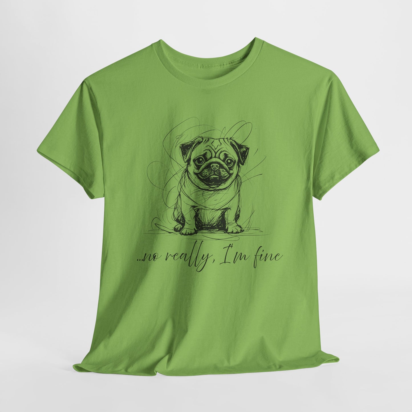 Green t-shirt with a pug graphic and text on a white background