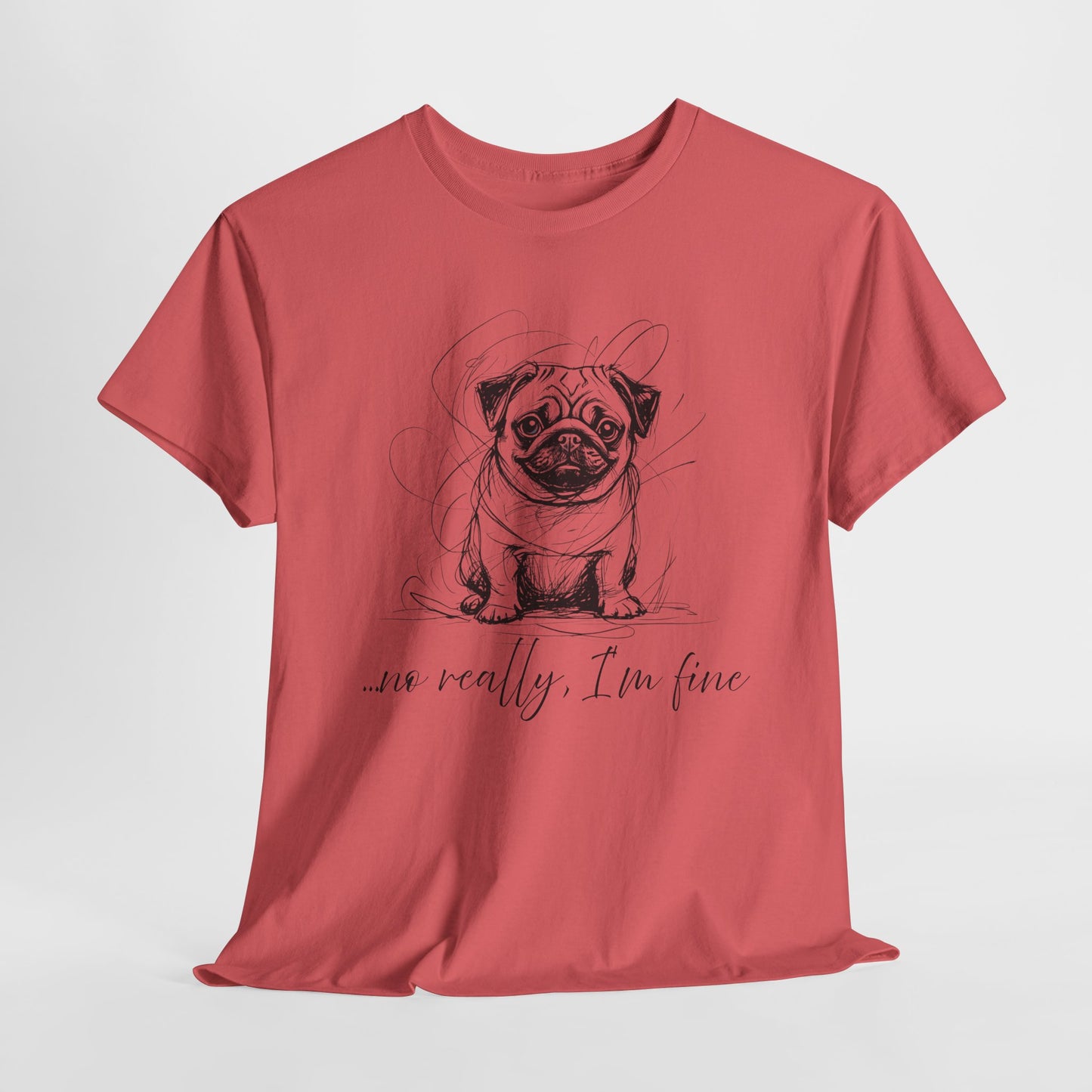 Red t-shirt with a pug graphic and text on a white background