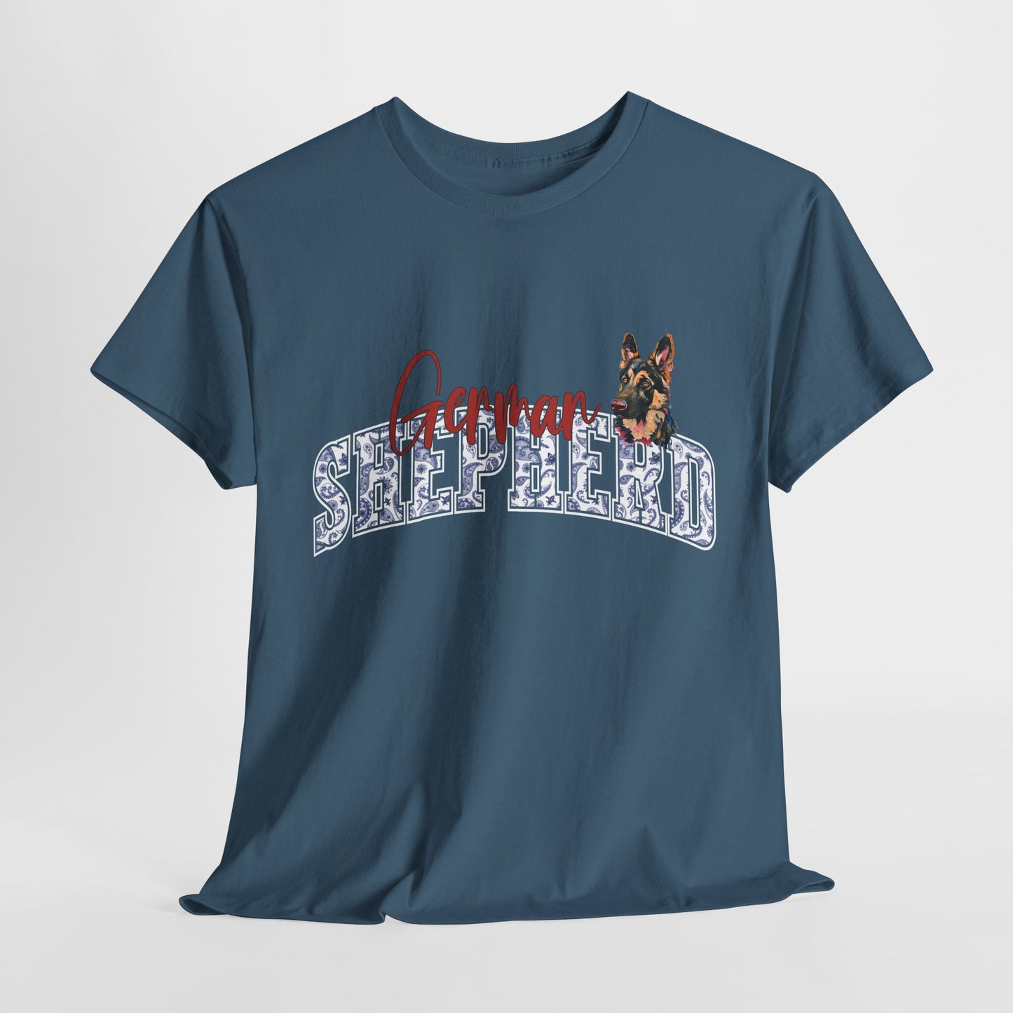 Blue t-shirt with a German Shepherd graphic and text on a white background