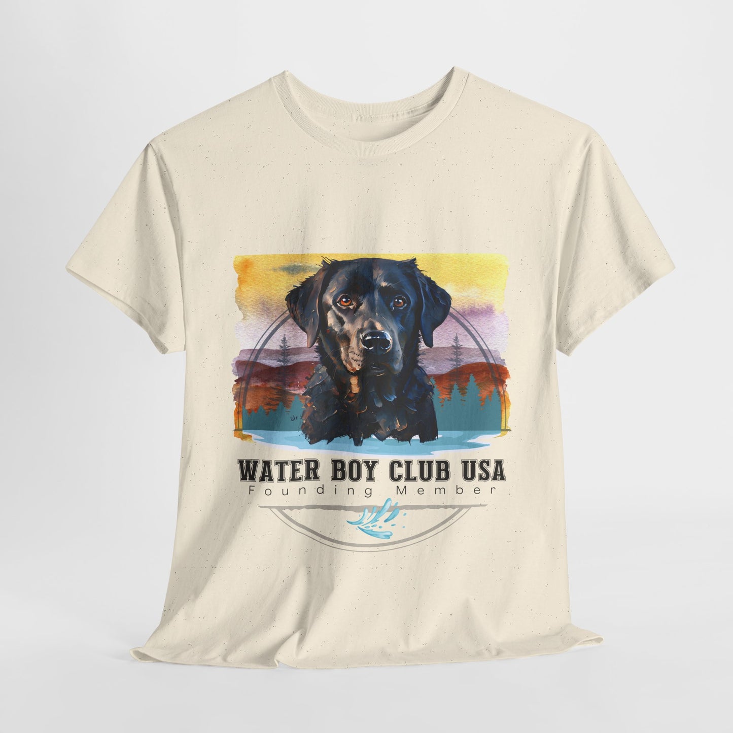 Beige t-shirt with a graphic of a black dog and 'Water Boy Club USA' text on a white background
