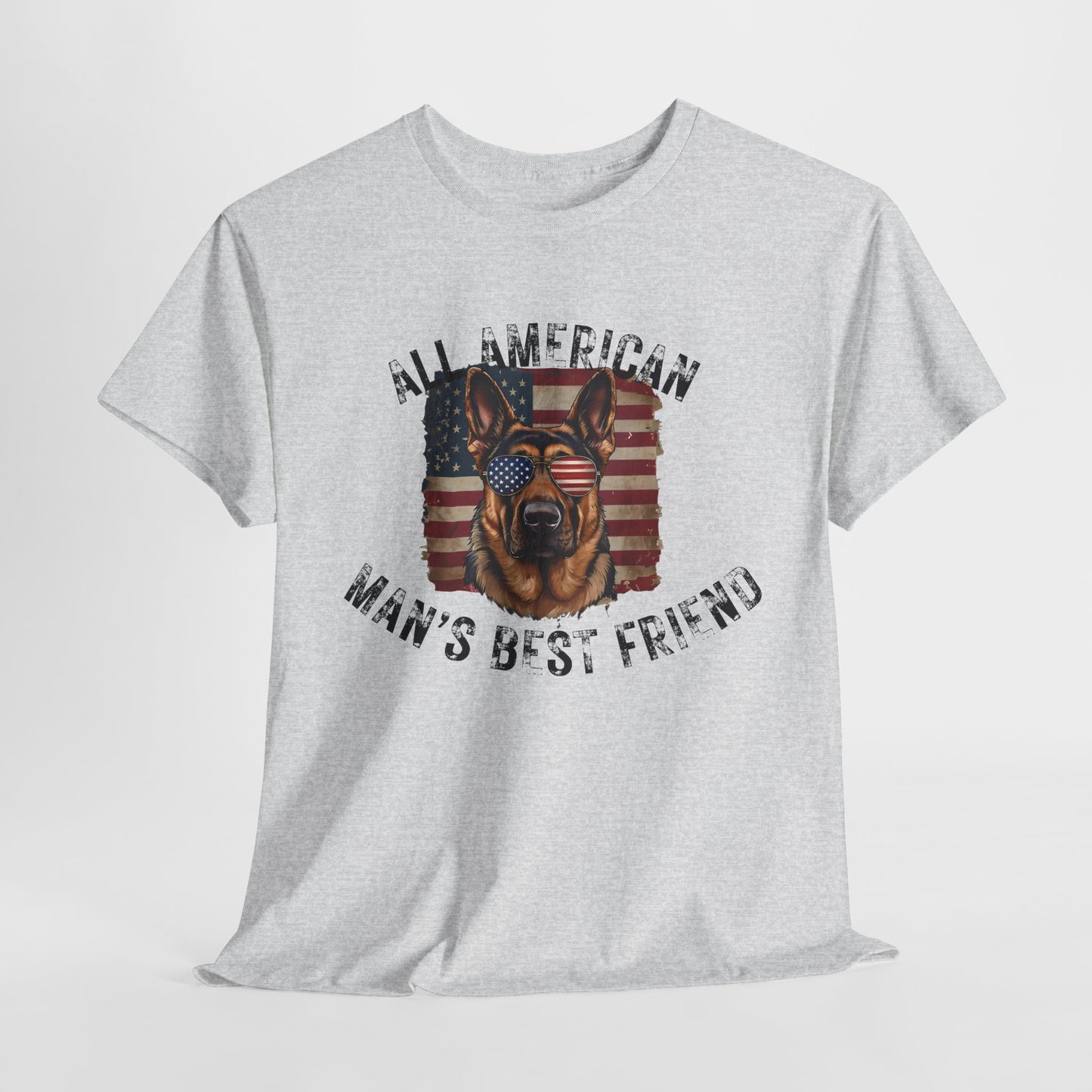 Gray t-shirt with a graphic of a dog and text 'All American Man's Best Friend' on a white background