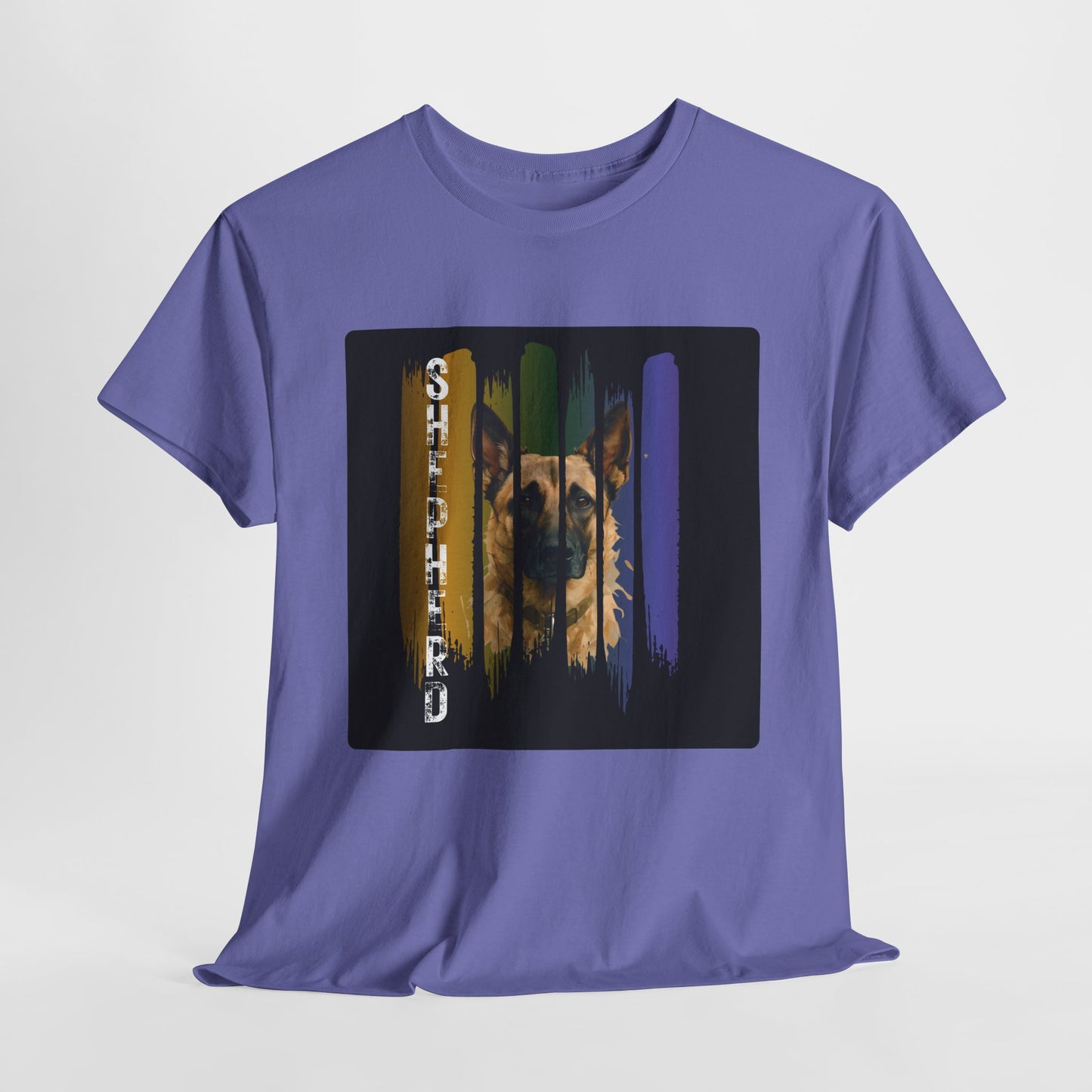 Purple t-shirt with a graphic of a dog's face on a white background