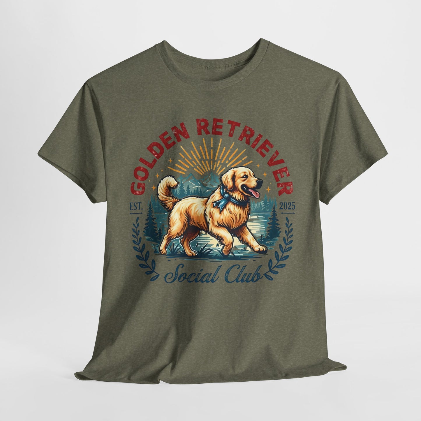 Green t-shirt with a Golden Retriever graphic and text on a white background