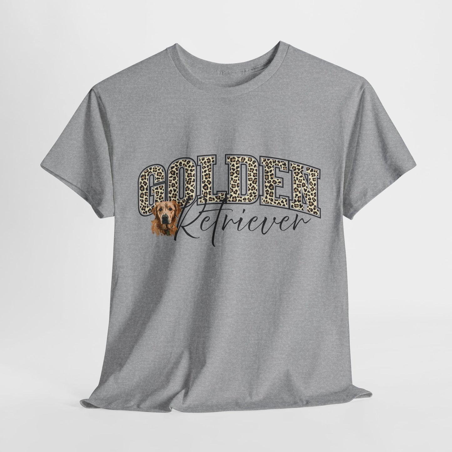 Gray t-shirt with 'Golden Retriever' text and dog graphic on a white background