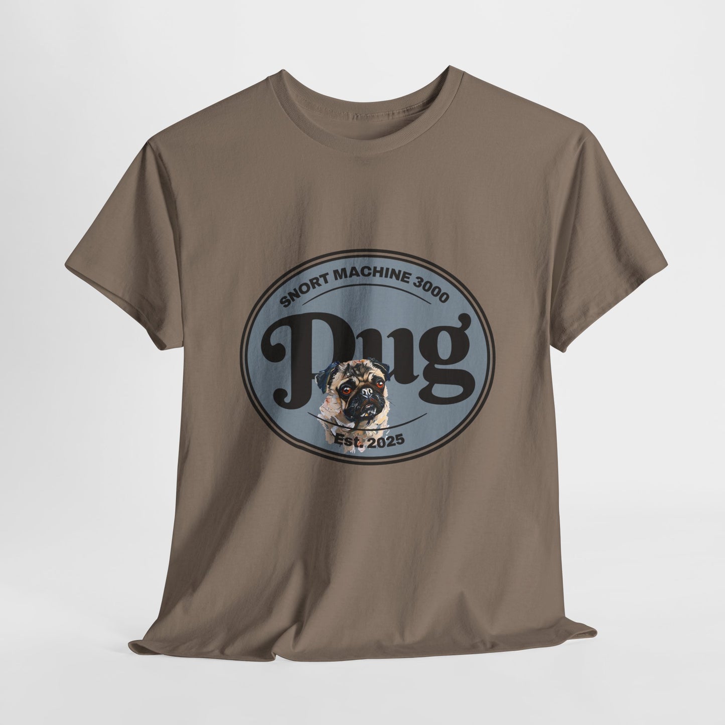Brown t-shirt with a graphic design featuring a dog and text on a white background