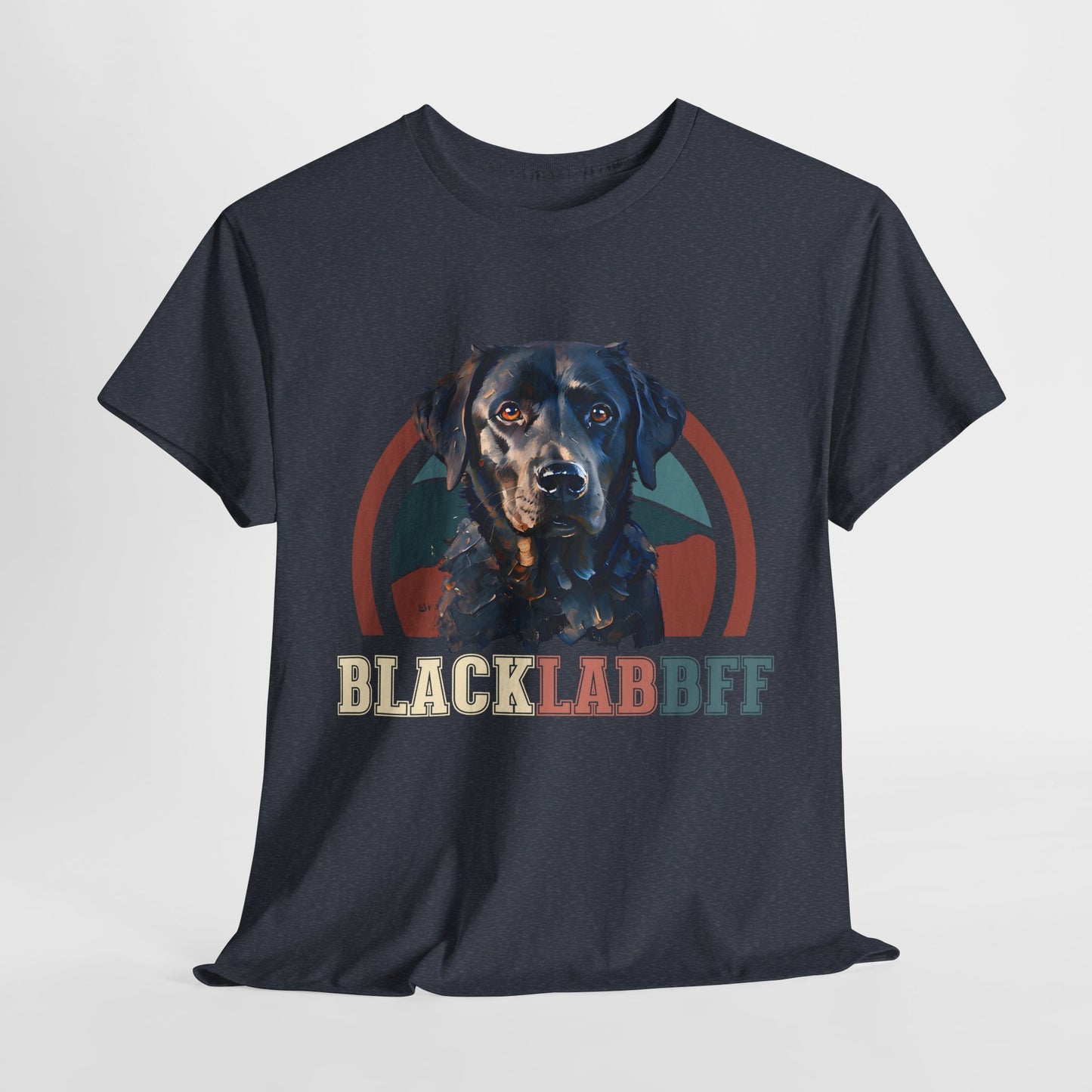 Black t-shirt with a graphic of a black dog and 'BLACK LAB BFF' text on a white background