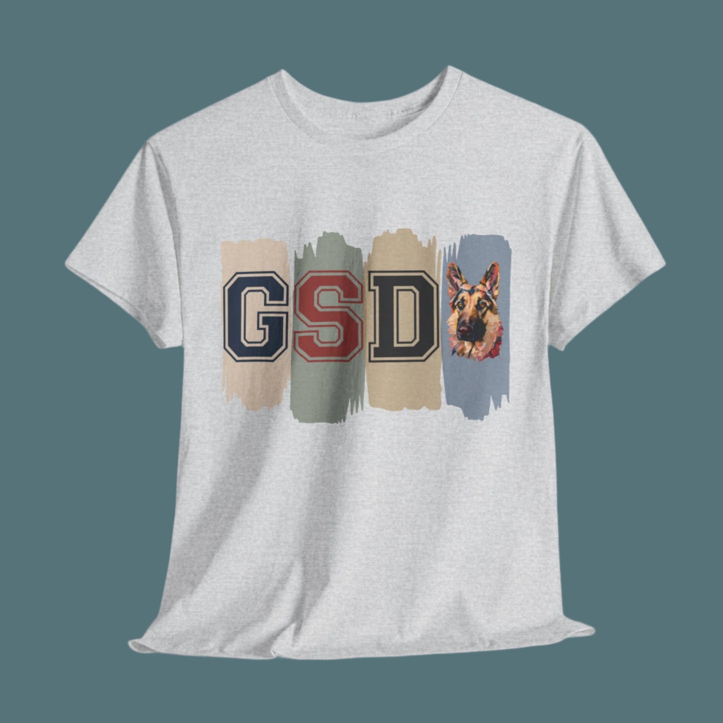 Gray t-shirt with 'GSD' text and dog graphic on a light gray background