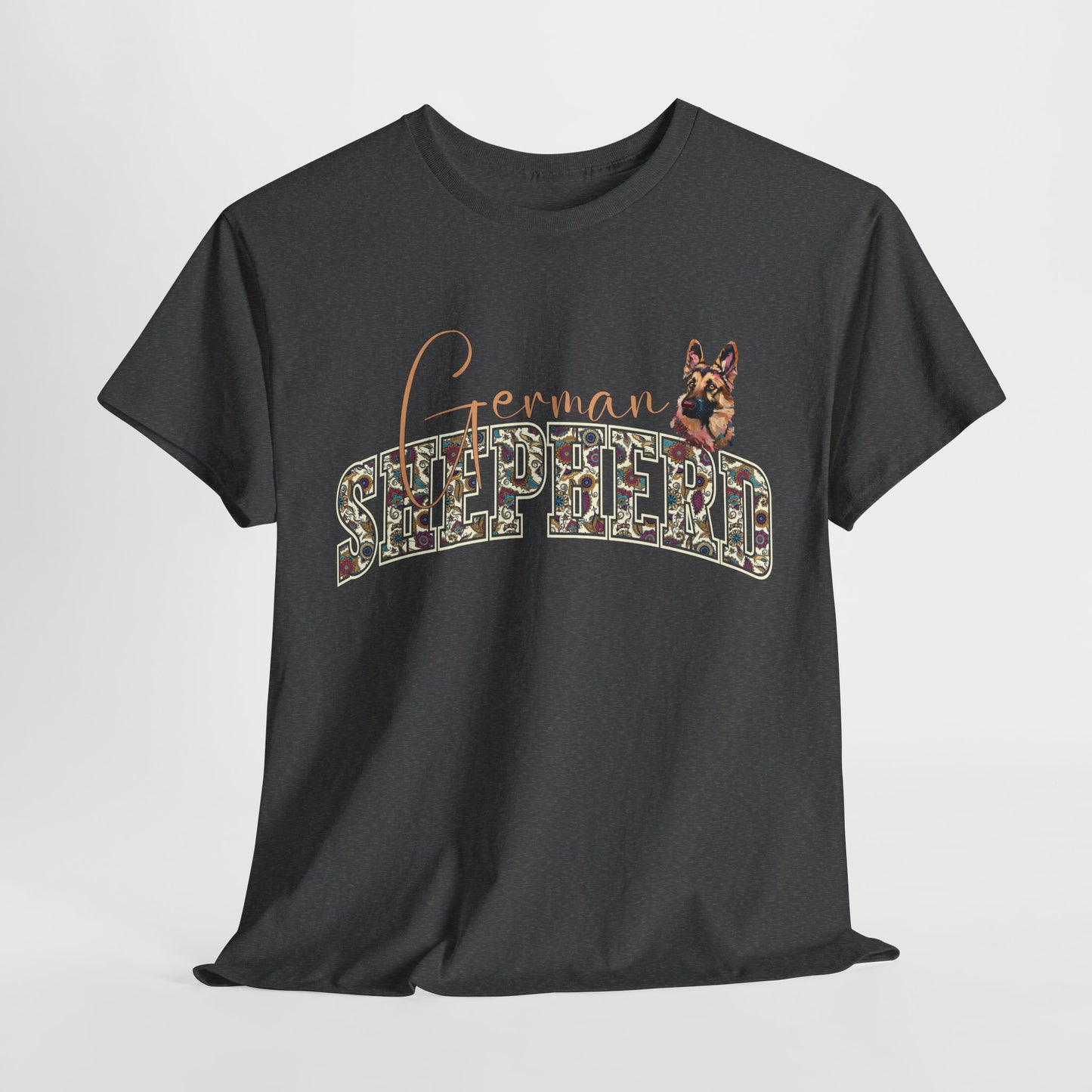 Black t-shirt with 'German Shepherd' text and dog illustration on a light gray background