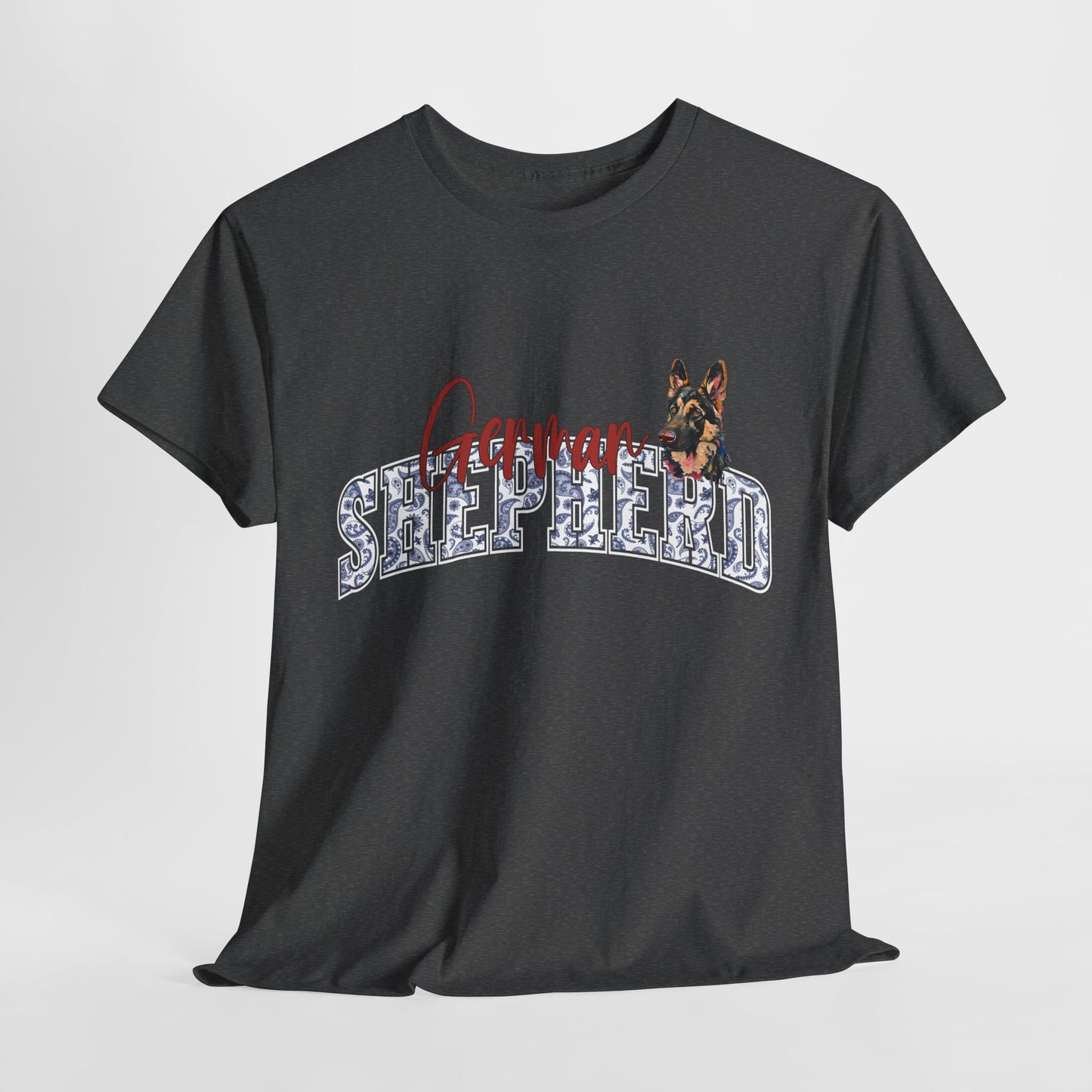 Black t-shirt with a dog graphic and 'Shepherd' text on a light gray background