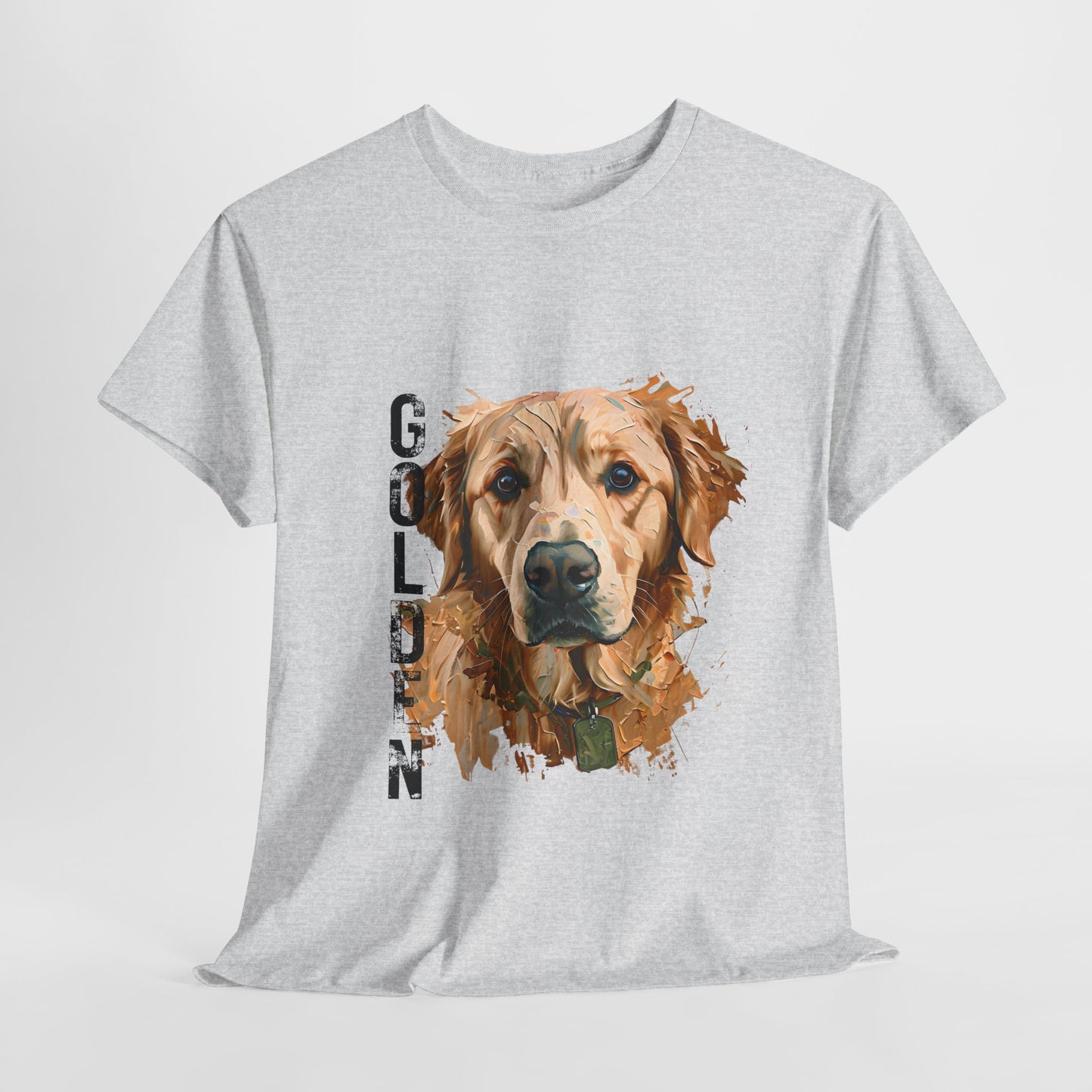 Gray t-shirt with a golden retriever graphic and 'GOLDEN' text on a white background