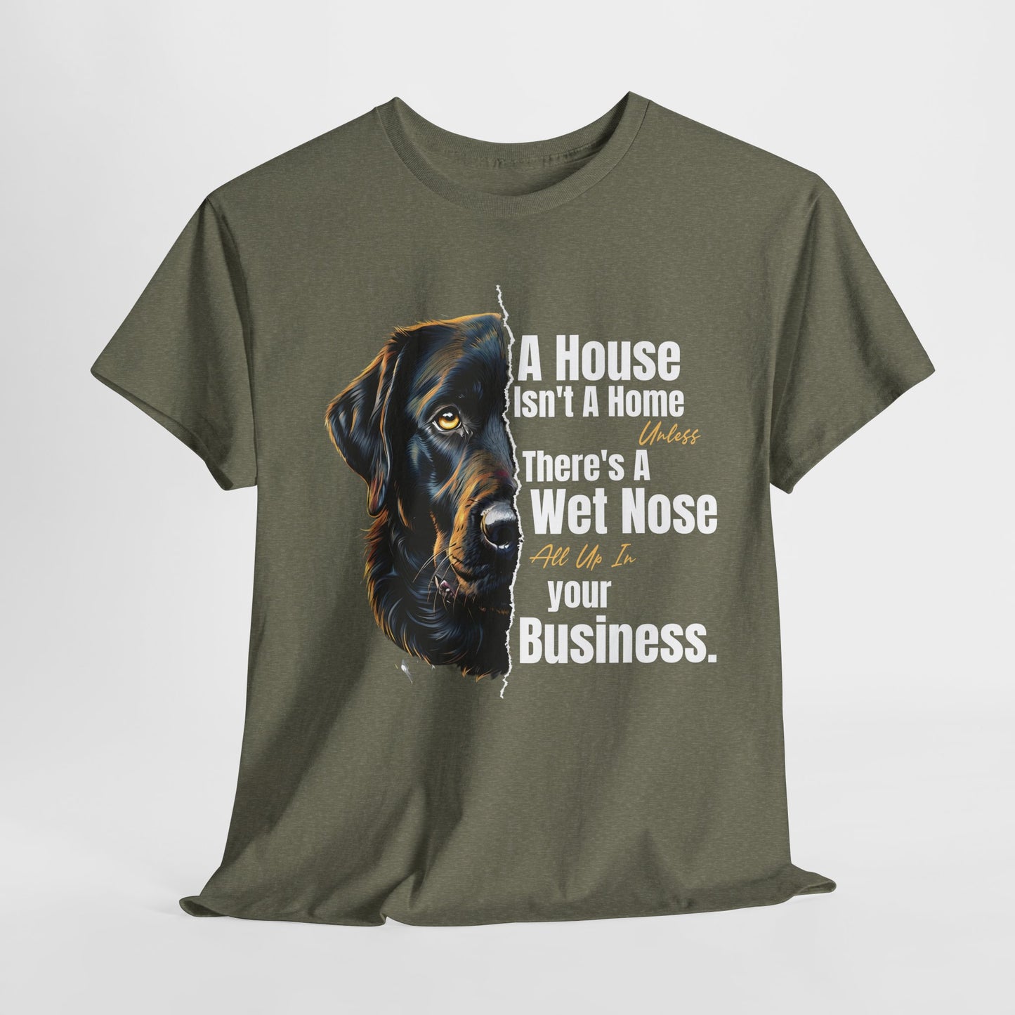 Green t-shirt with a dog graphic and text on a white background