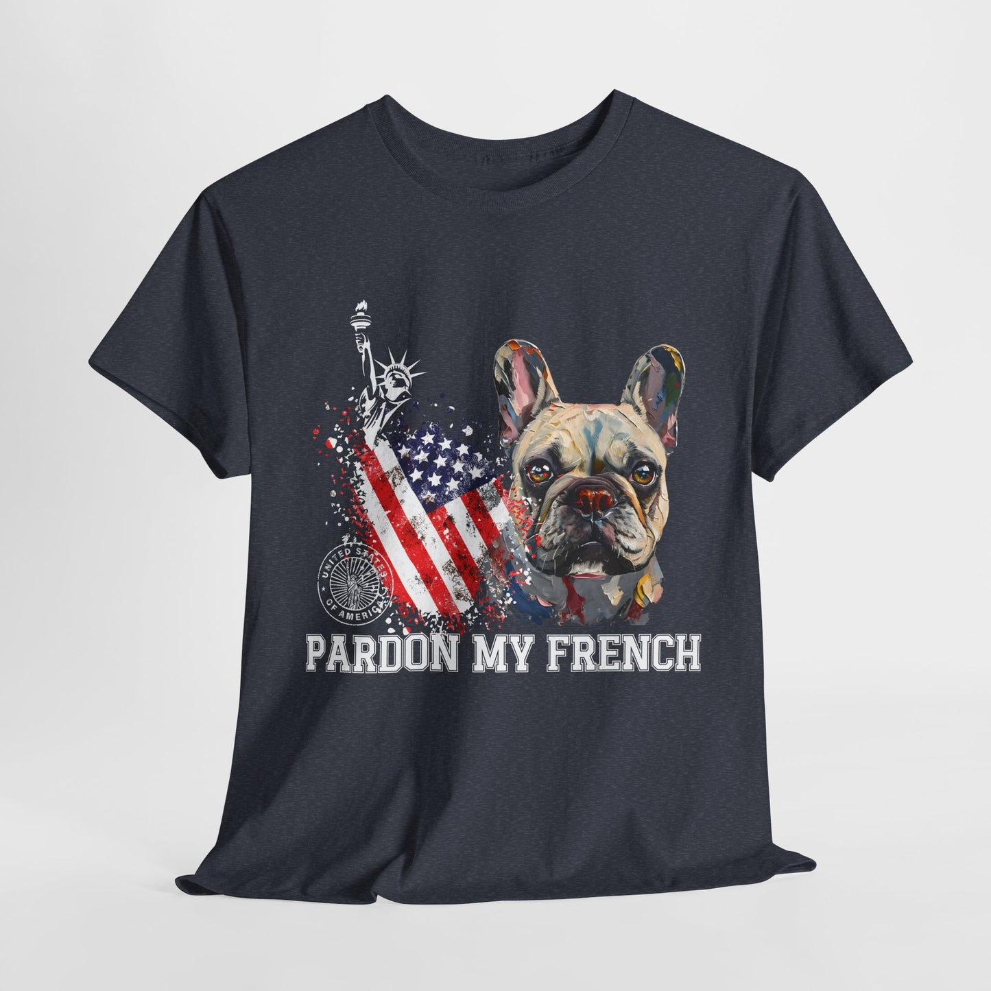 Black t-shirt with a graphic of a dog, American flag, and 'Pardon My French' text on a light gray background.