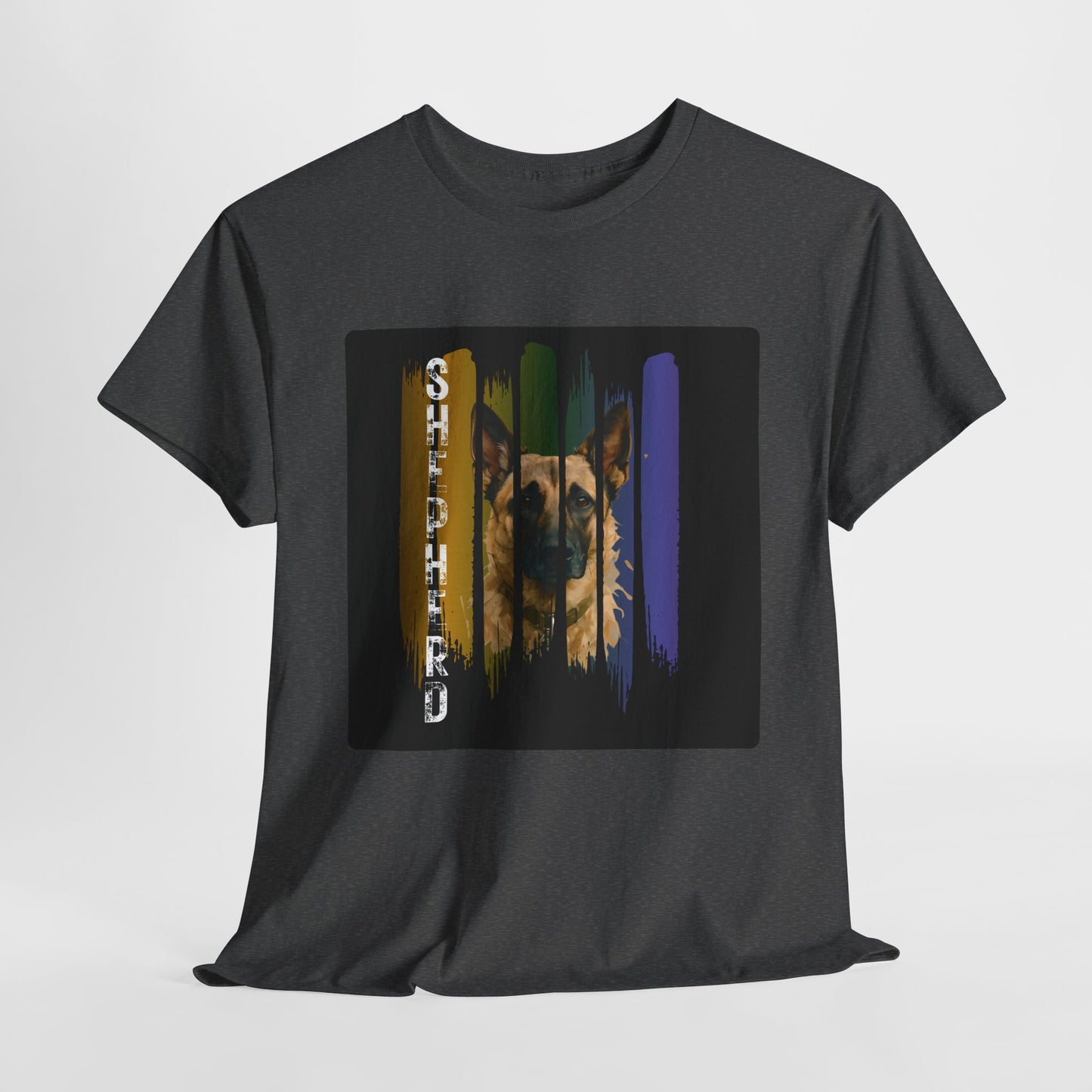 Black t-shirt with a colorful graphic design on a white background