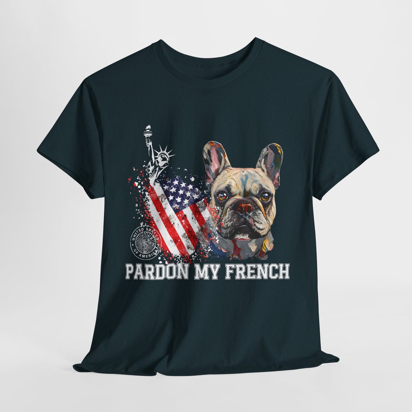 Black t-shirt with a dog graphic and 'Pardon My French' text on a white background