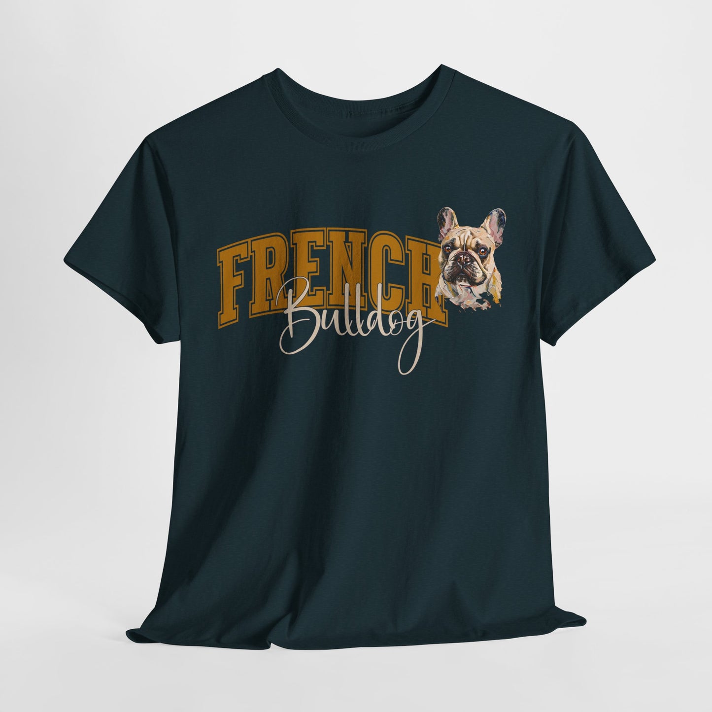 Black t-shirt with 'French Bulldog' text and dog graphic on a light gray background