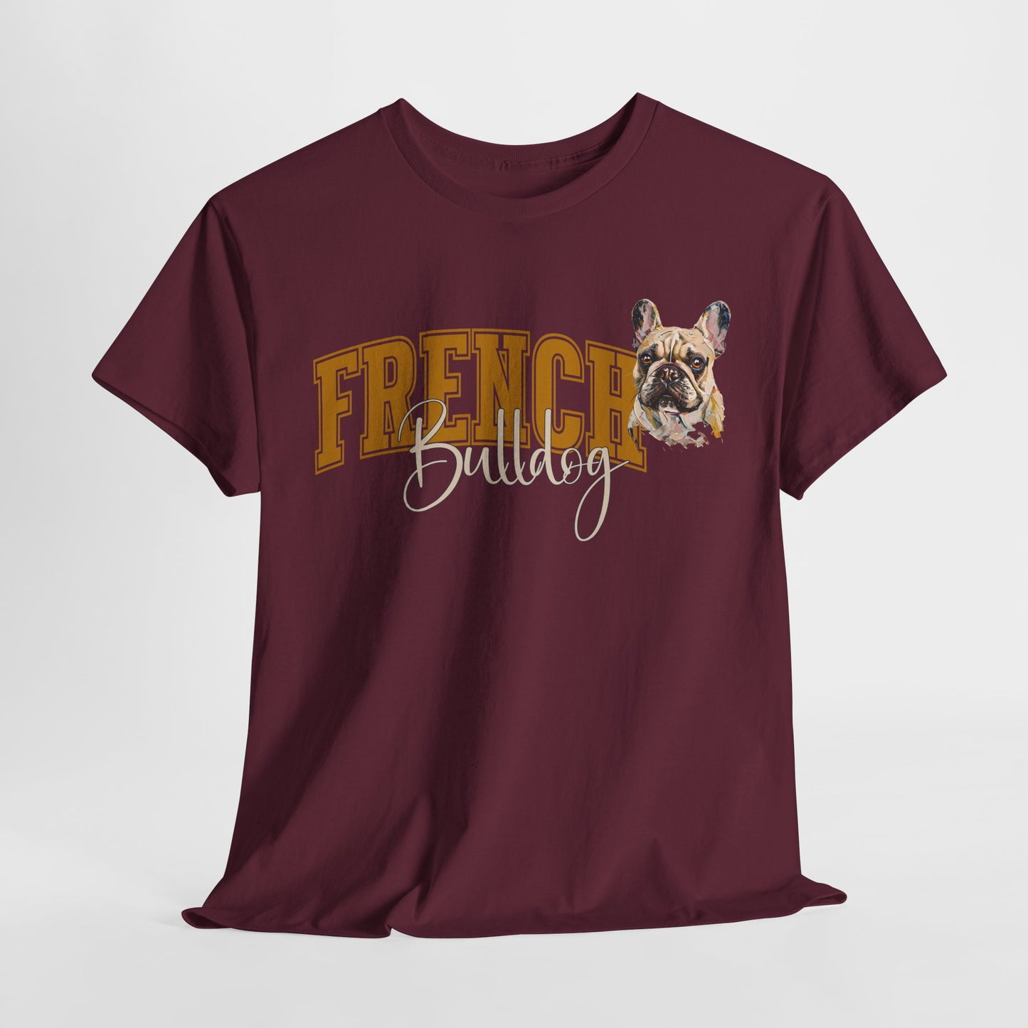 Maroon t-shirt with 'French Bulldog' text and dog illustration on a white background