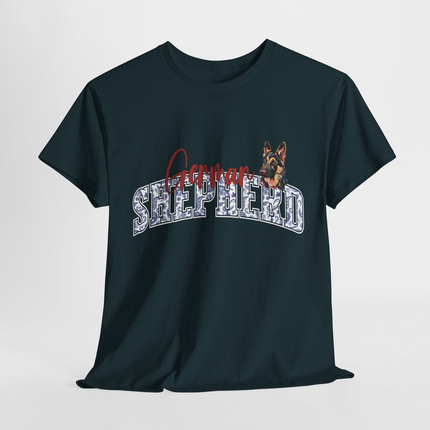 Black t-shirt with 'German Shepherd' text and dog graphic on a light gray background