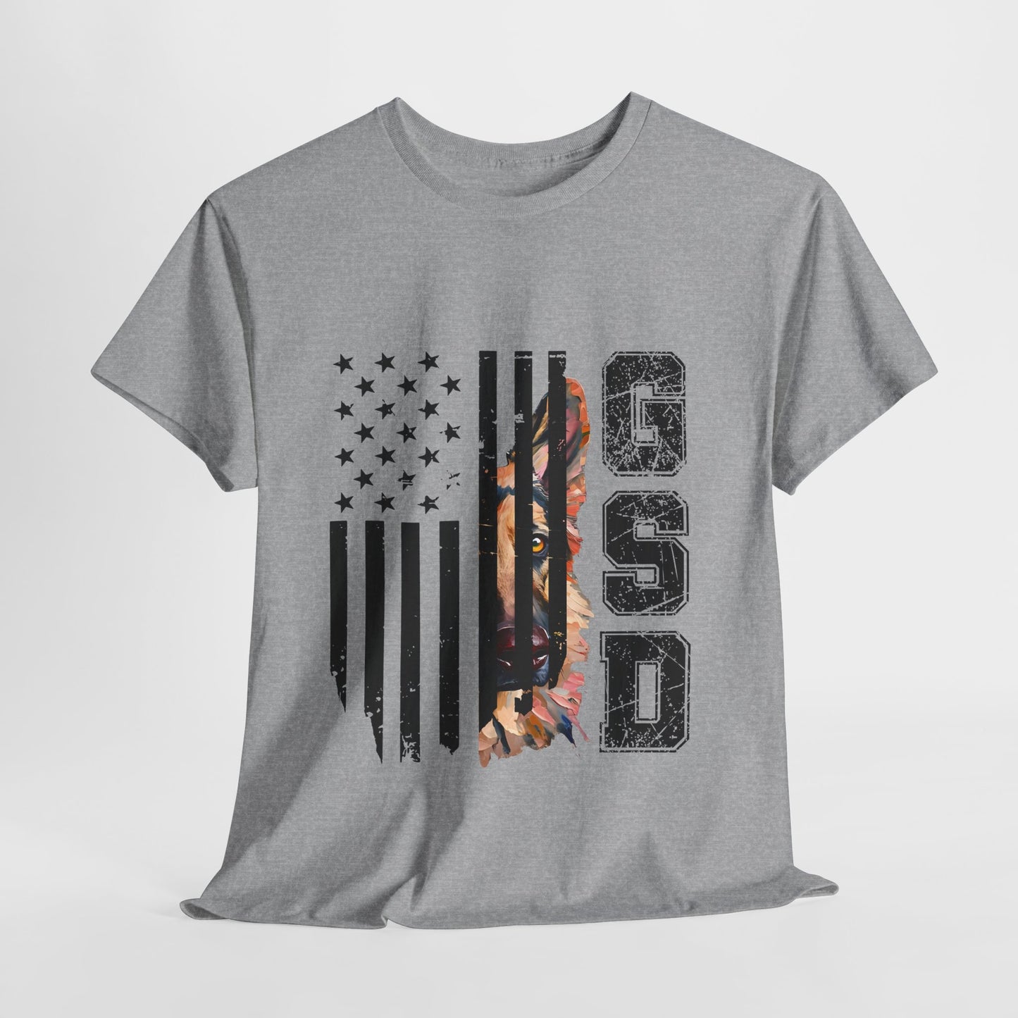 Gray t-shirt with American flag and tiger design on a white background