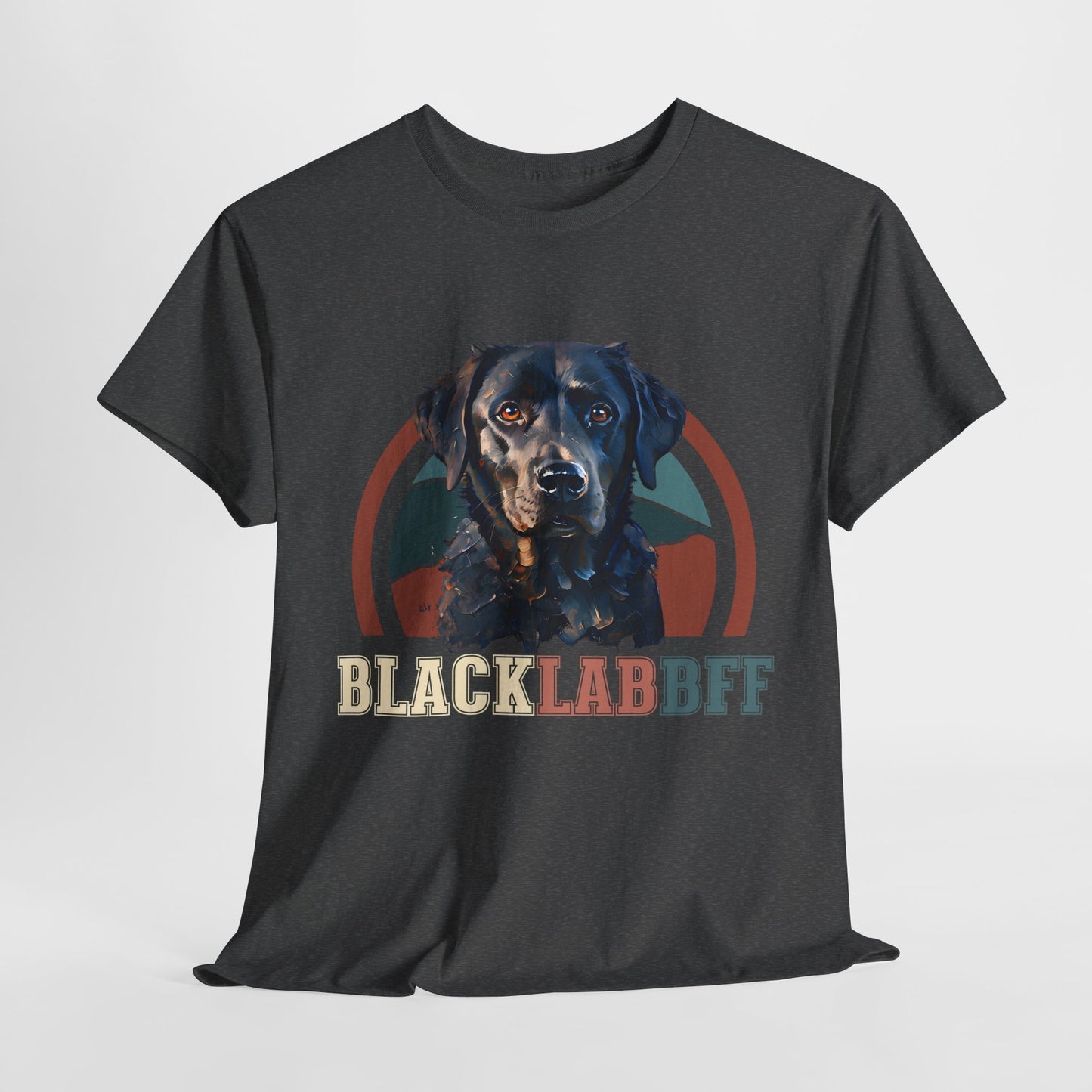 Black t-shirt with a graphic of a black labrador retriever and 'BLACK LAB BFF' text on a white background