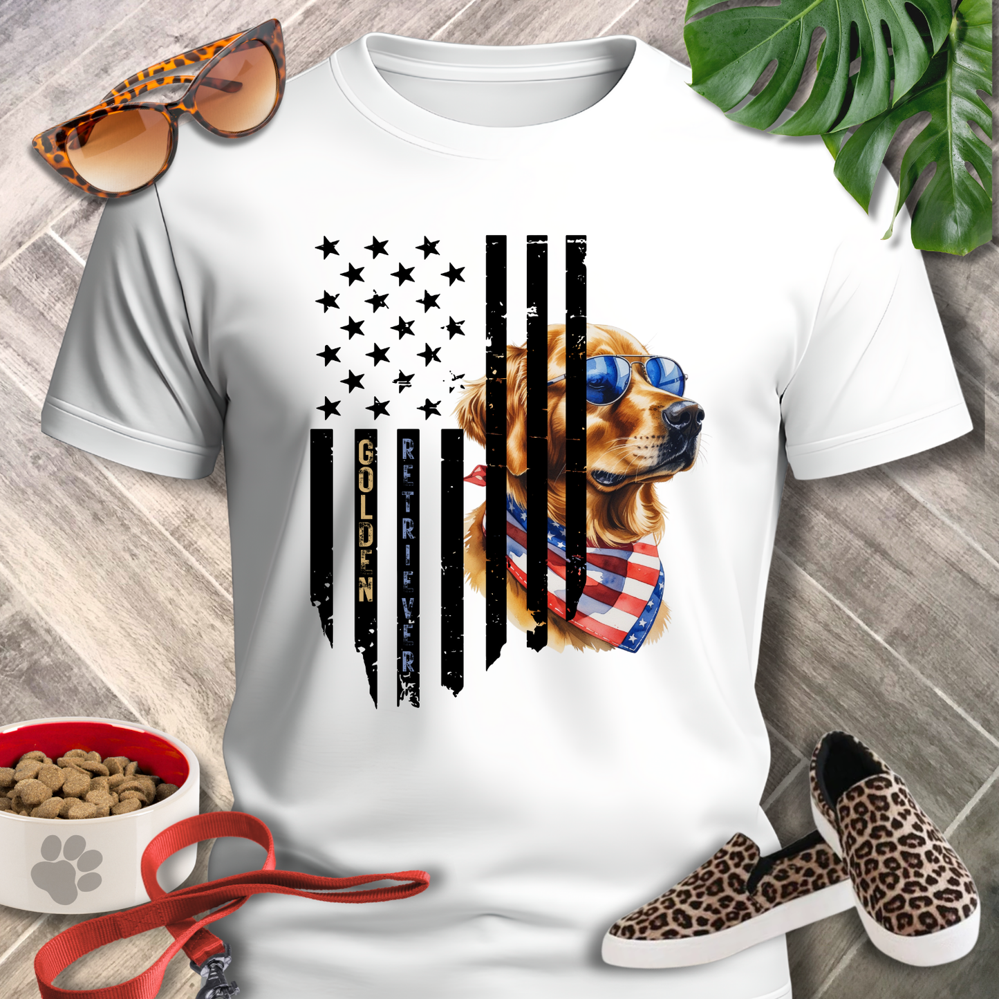 White Golden Retriever tshirt with ragged downward black and white American flag with text Golden Retrieve overlayed