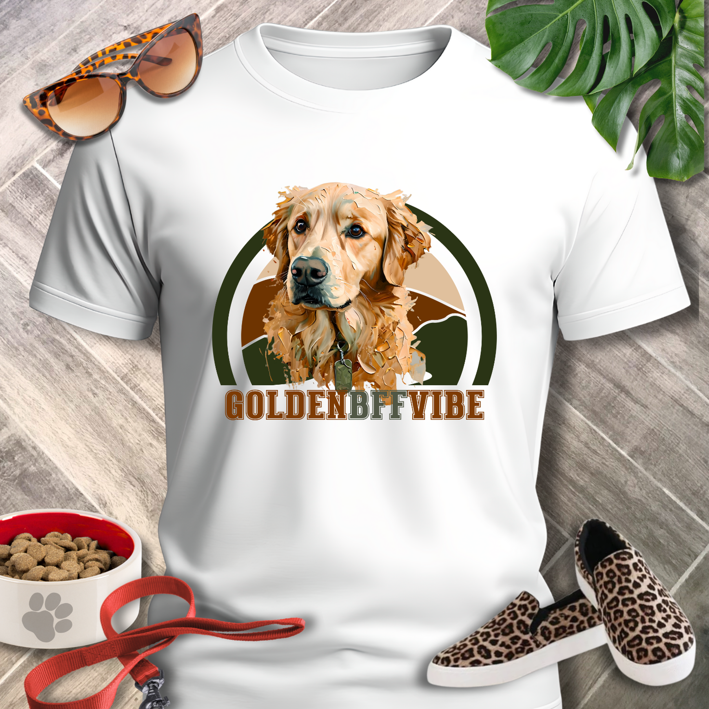 White t-shirt with a golden retriever graphic and 'Golden BFF Vibe' text, surrounded by pet accessories on a wooden surface.