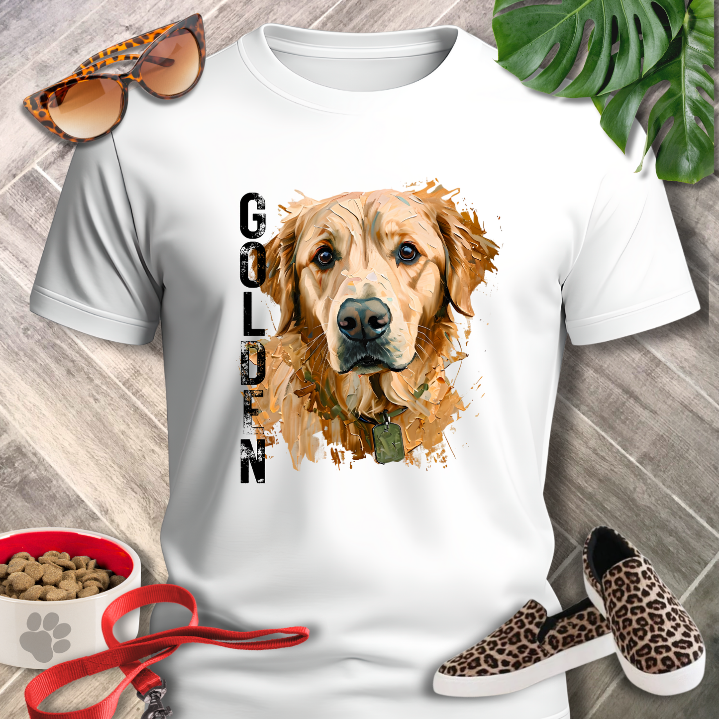 White t-shirt with a golden retriever graphic and 'Gold' text, surrounded by sunglasses, shoes, and pet accessories on a wooden surface.