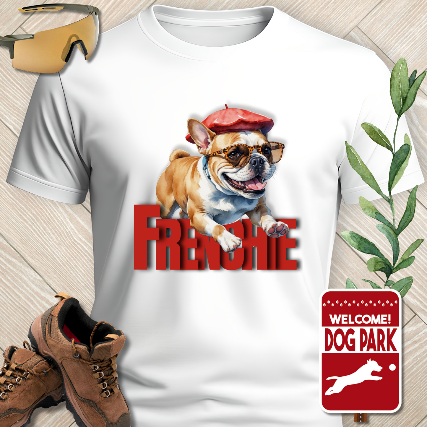 White t-shirt with a dog graphic and 'FRENCHIE' text, paired with brown shoes and a 'Welcome to the Dog Park' sign.