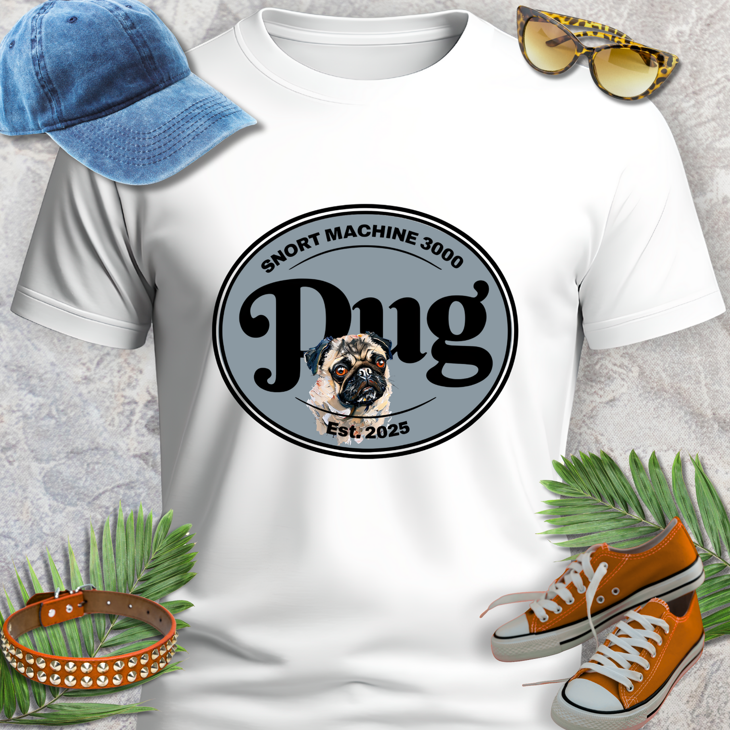 White t-shirt with 'Pug' graphic design, blue cap, sunglasses, orange sneakers, and dog collar on a textured surface.