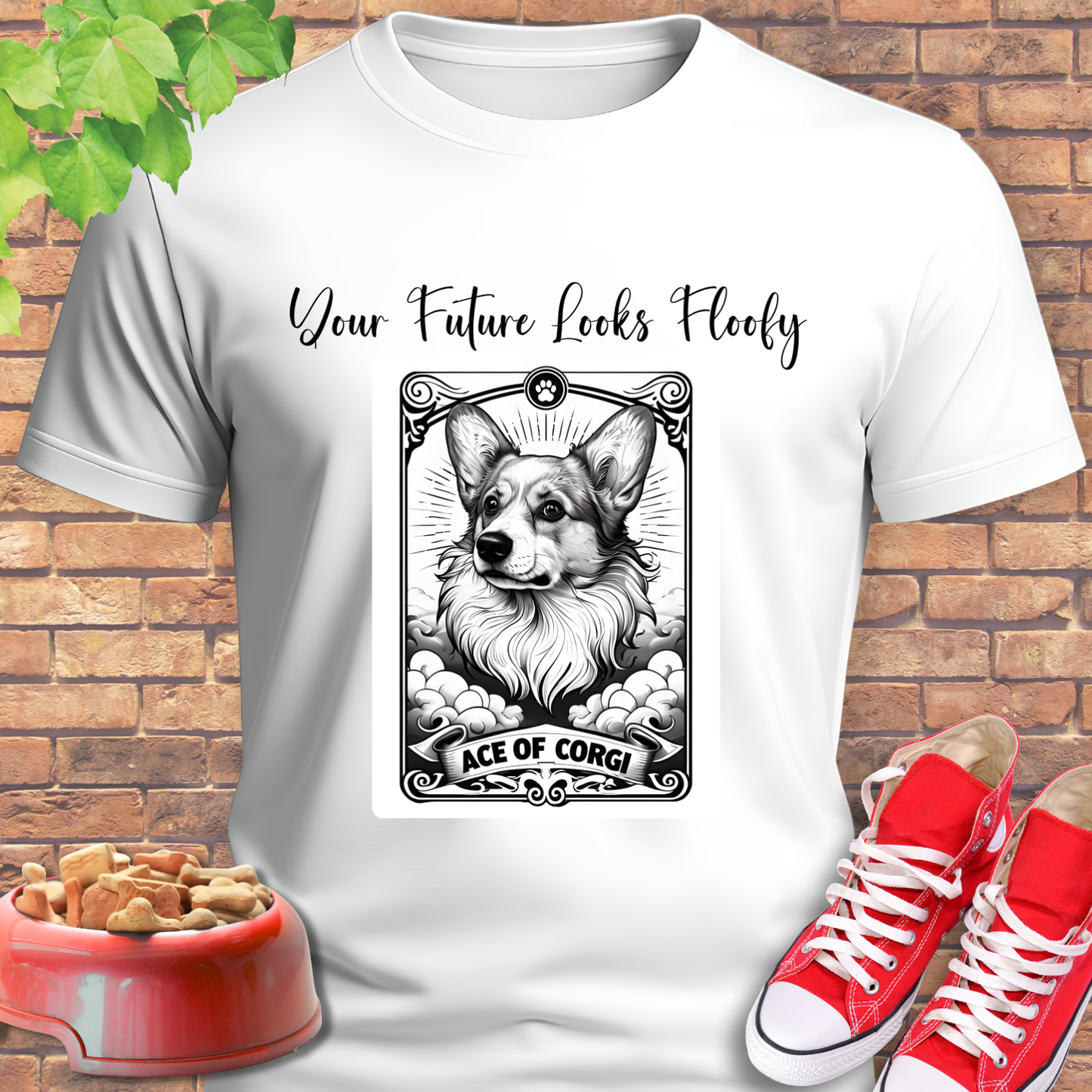 White t-shirt with a dog illustration and text, red sneakers, and a dog bowl with treats on a brick background.