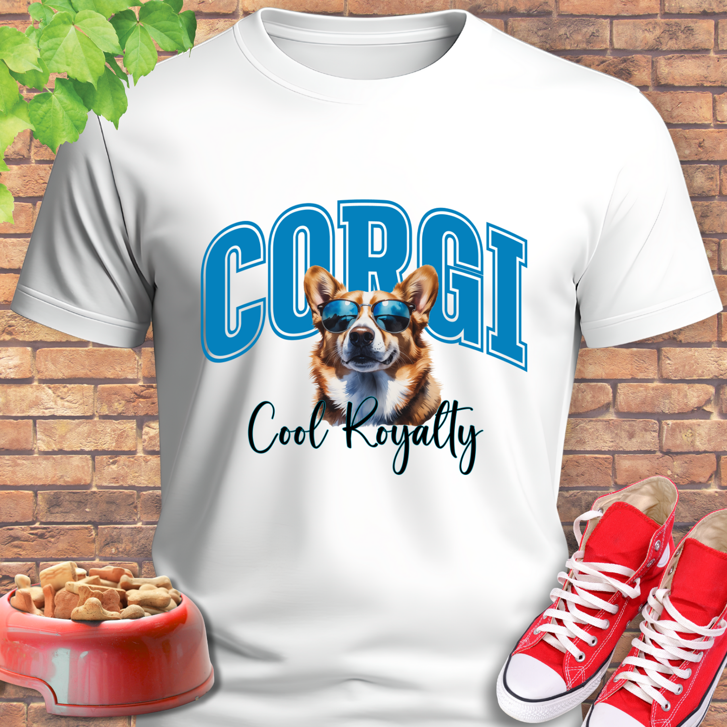 White t-shirt with a corgi graphic and text, red sneakers, and a dog bowl with treats on a brick background.