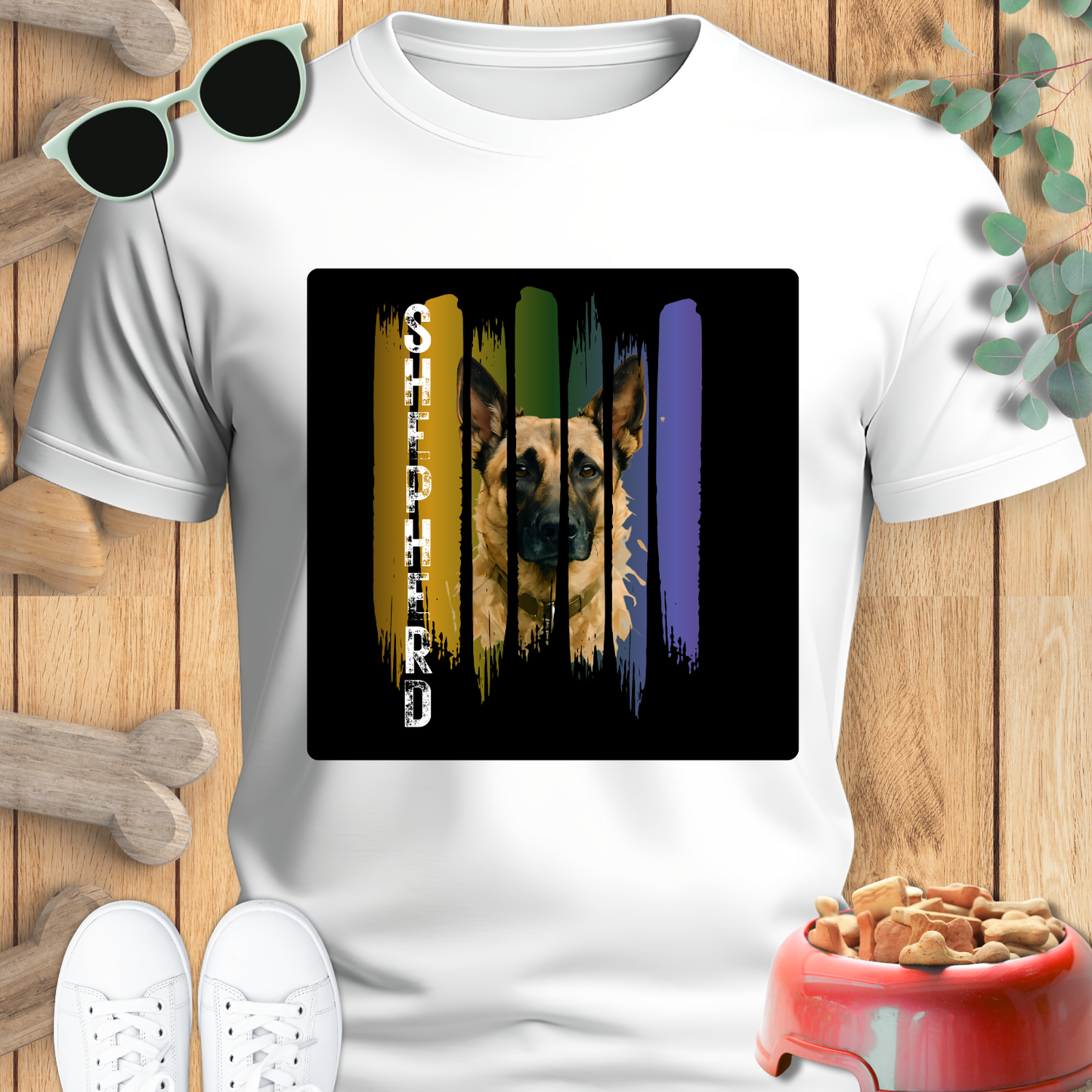 White t-shirt with a dog graphic and 'Shepherd' text on a wooden surface with accessories.