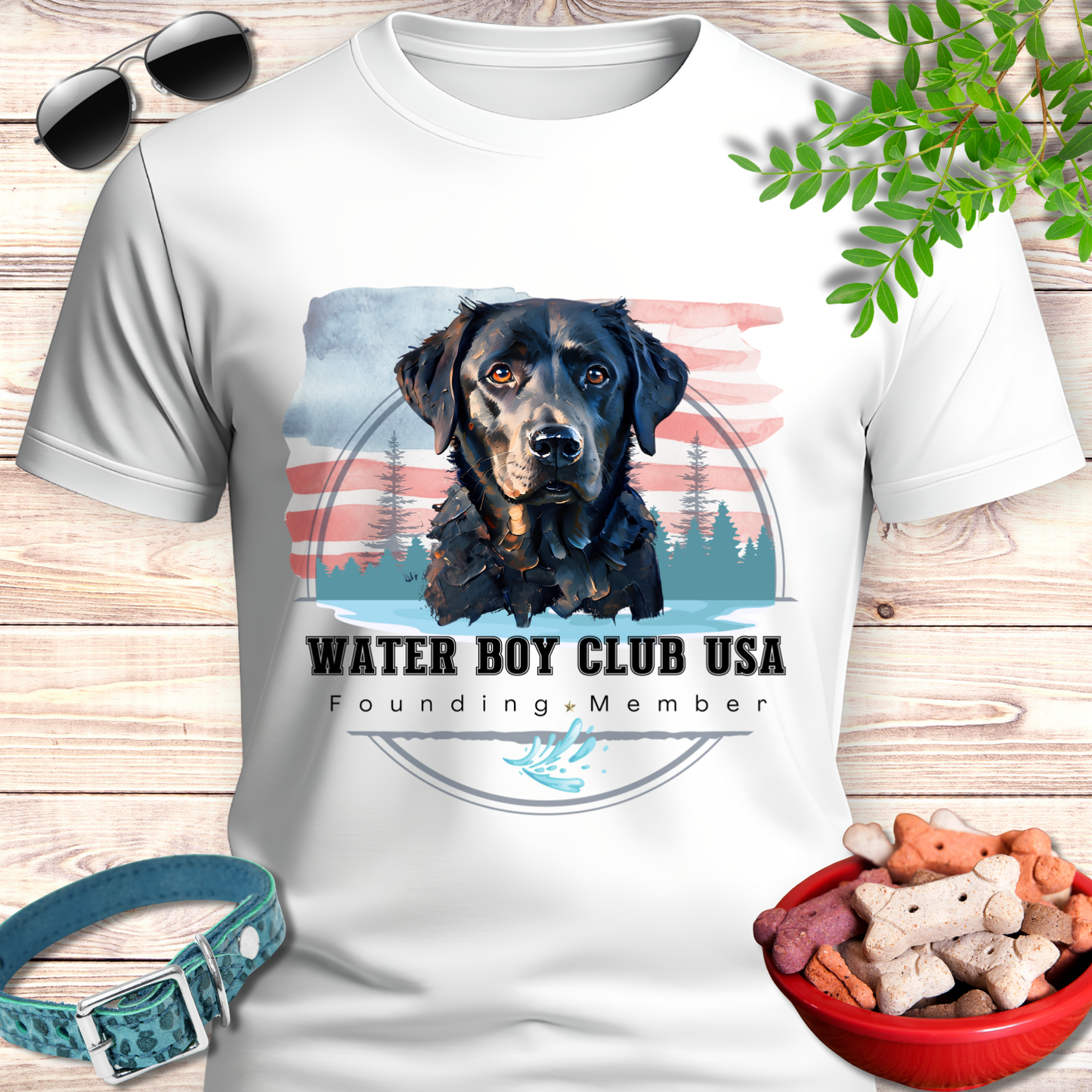 White t-shirt with a dog graphic and text on a wooden surface with accessories.