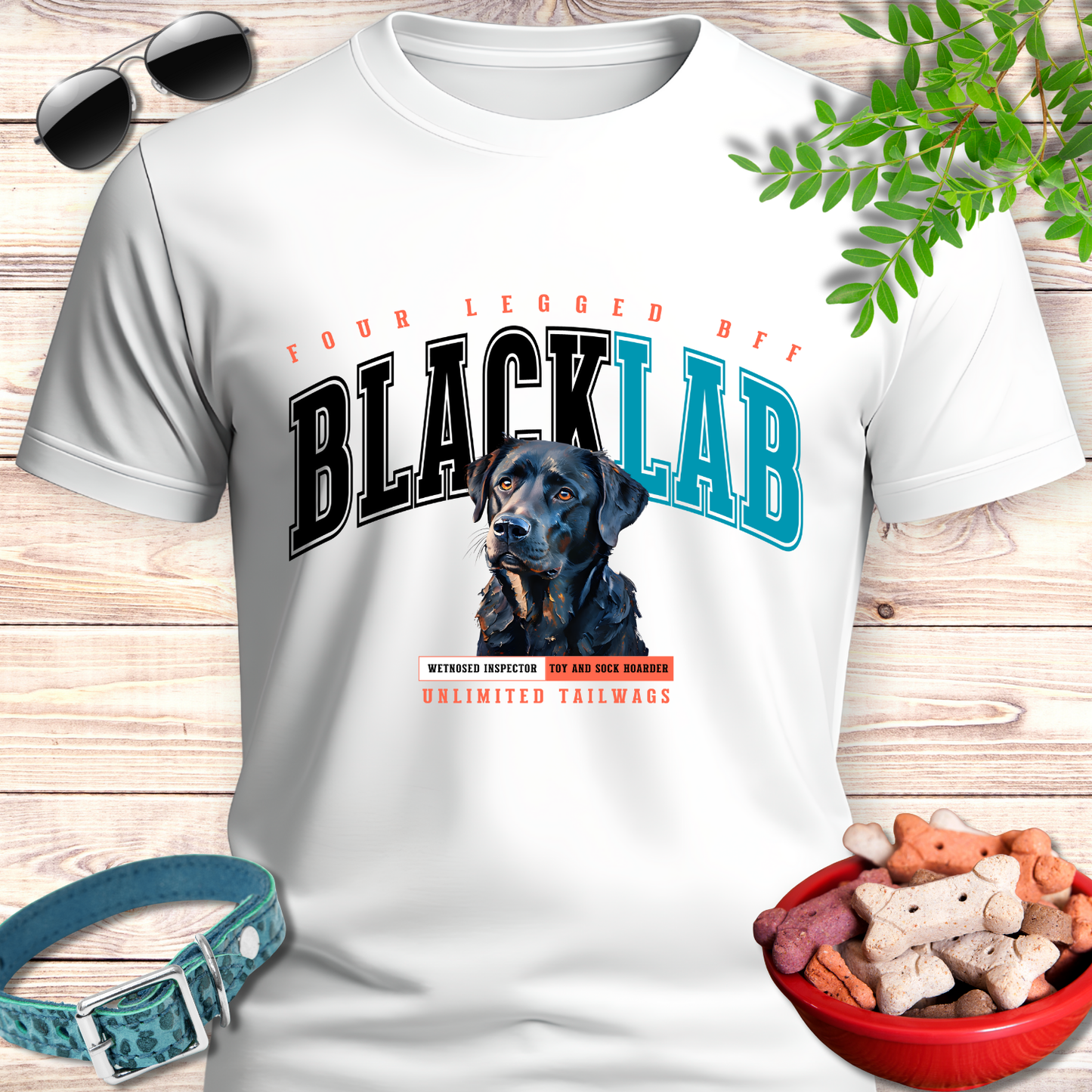 White t-shirt with 'Black Lab' design featuring a dog, sunglasses, collar, and bowl of dog treats on a wooden surface.