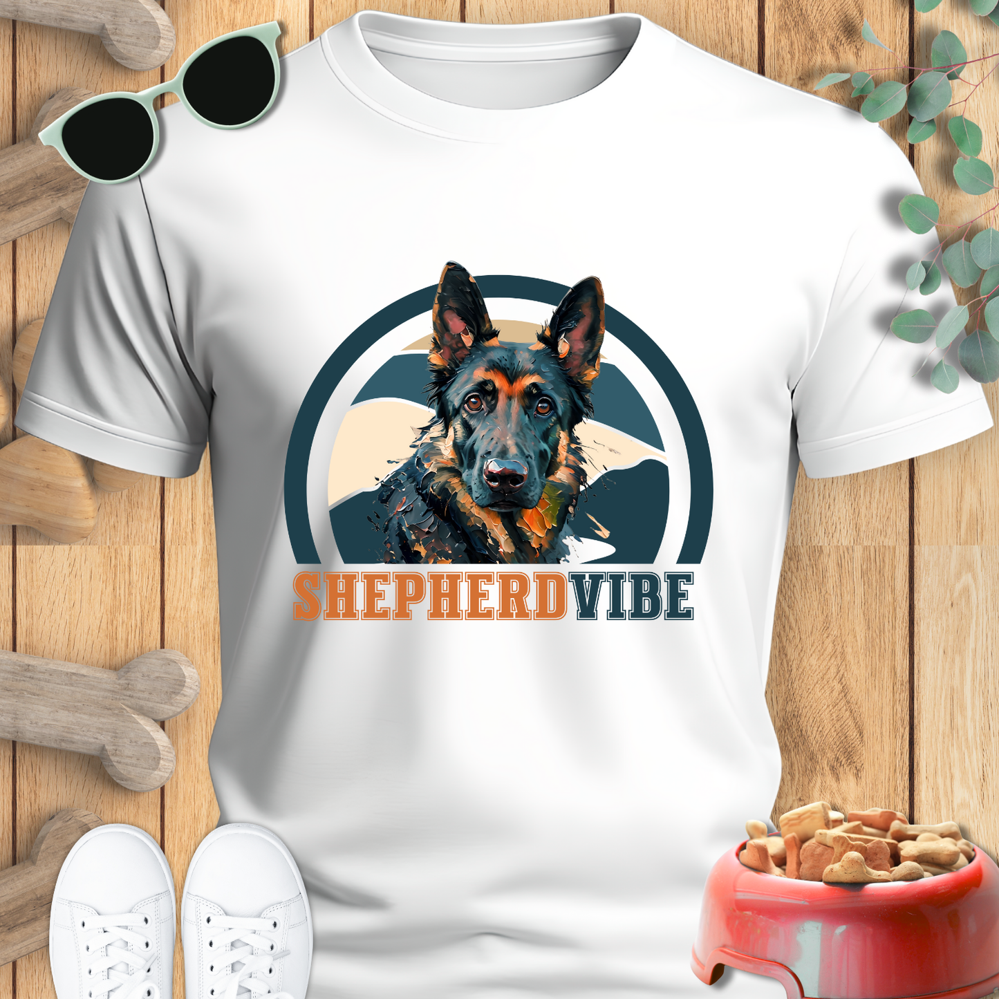 White t-shirt with a dog graphic and 'Shepherd Vibe' text on a wooden surface with accessories.