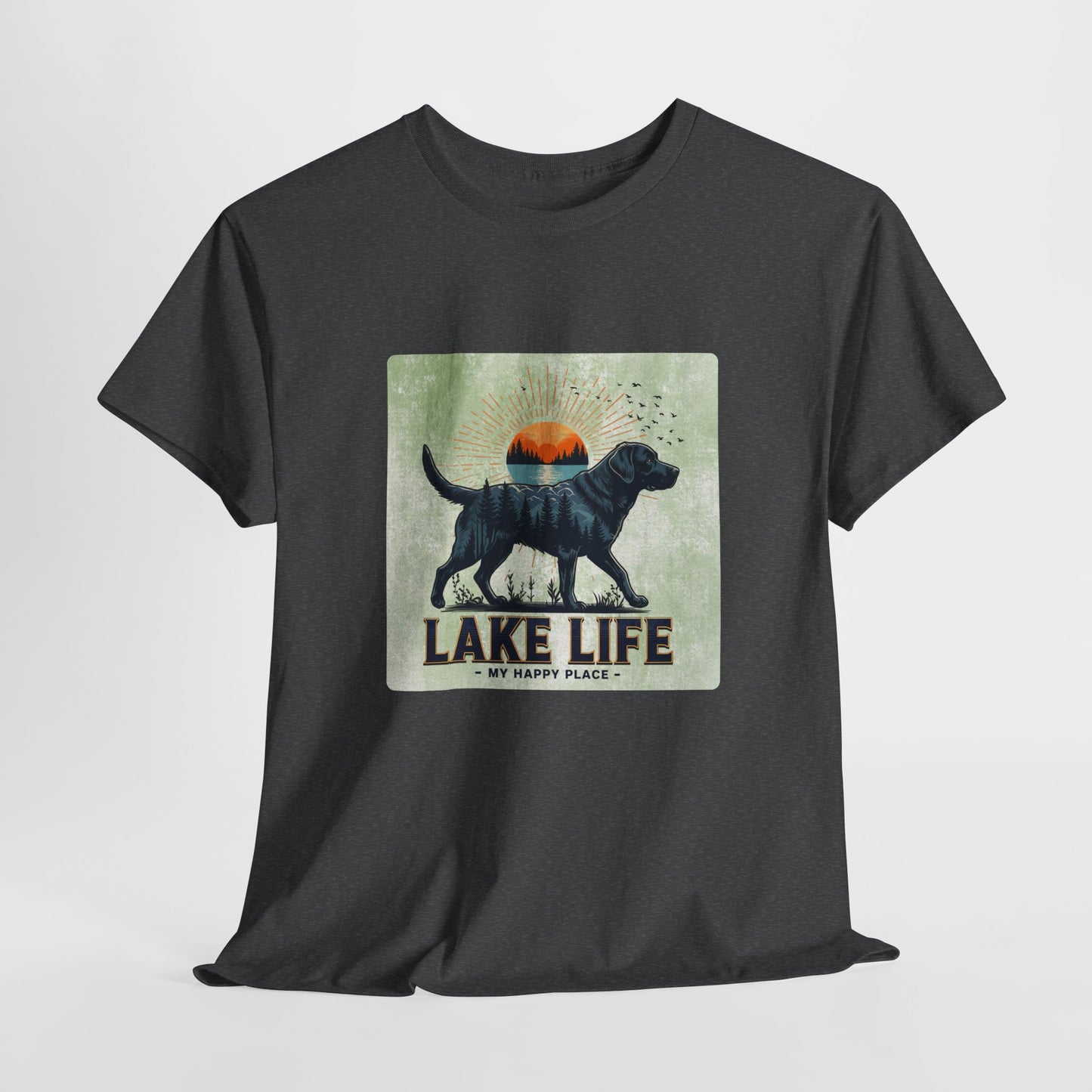 Black t-shirt with a graphic of a dog and 'Lake Life My Happy Place' text on a light gray background