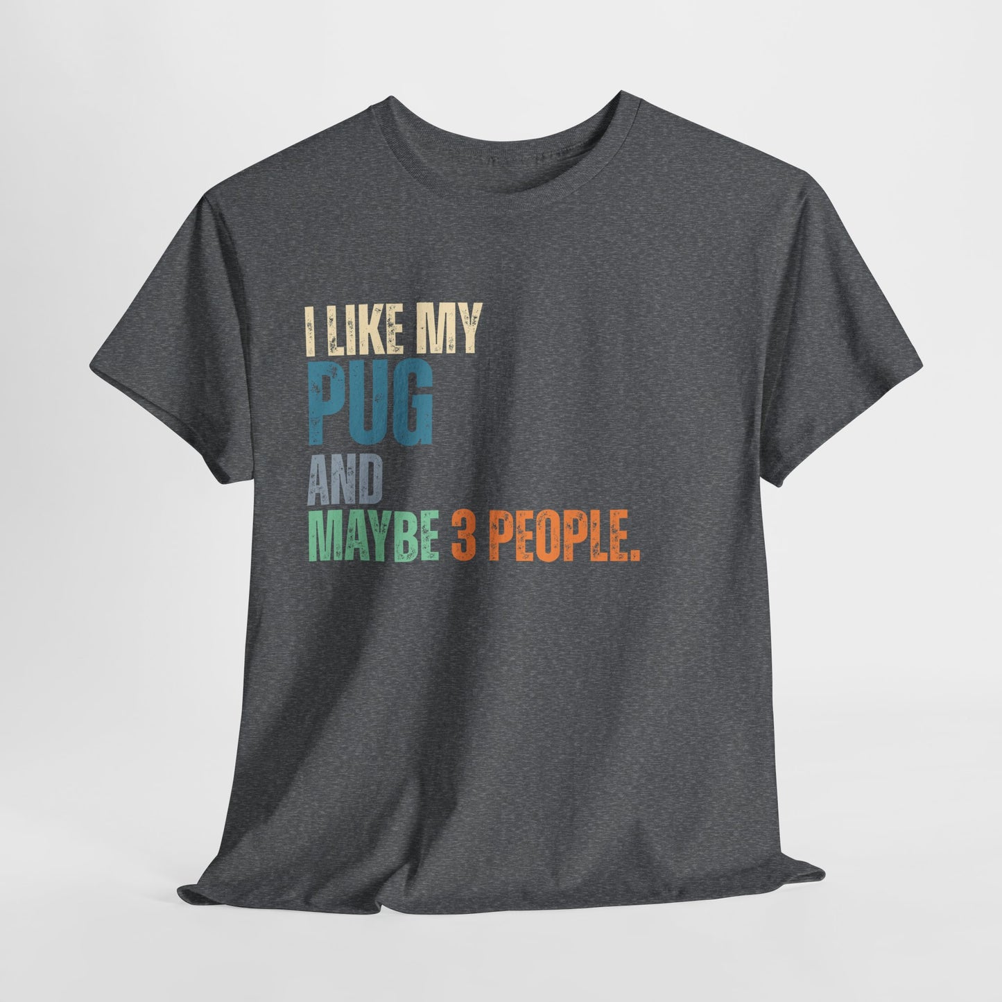 Gray t-shirt with colorful text 'I LIKE MY PUG AND MAYBE 3 PEOPLE.' on a light gray background