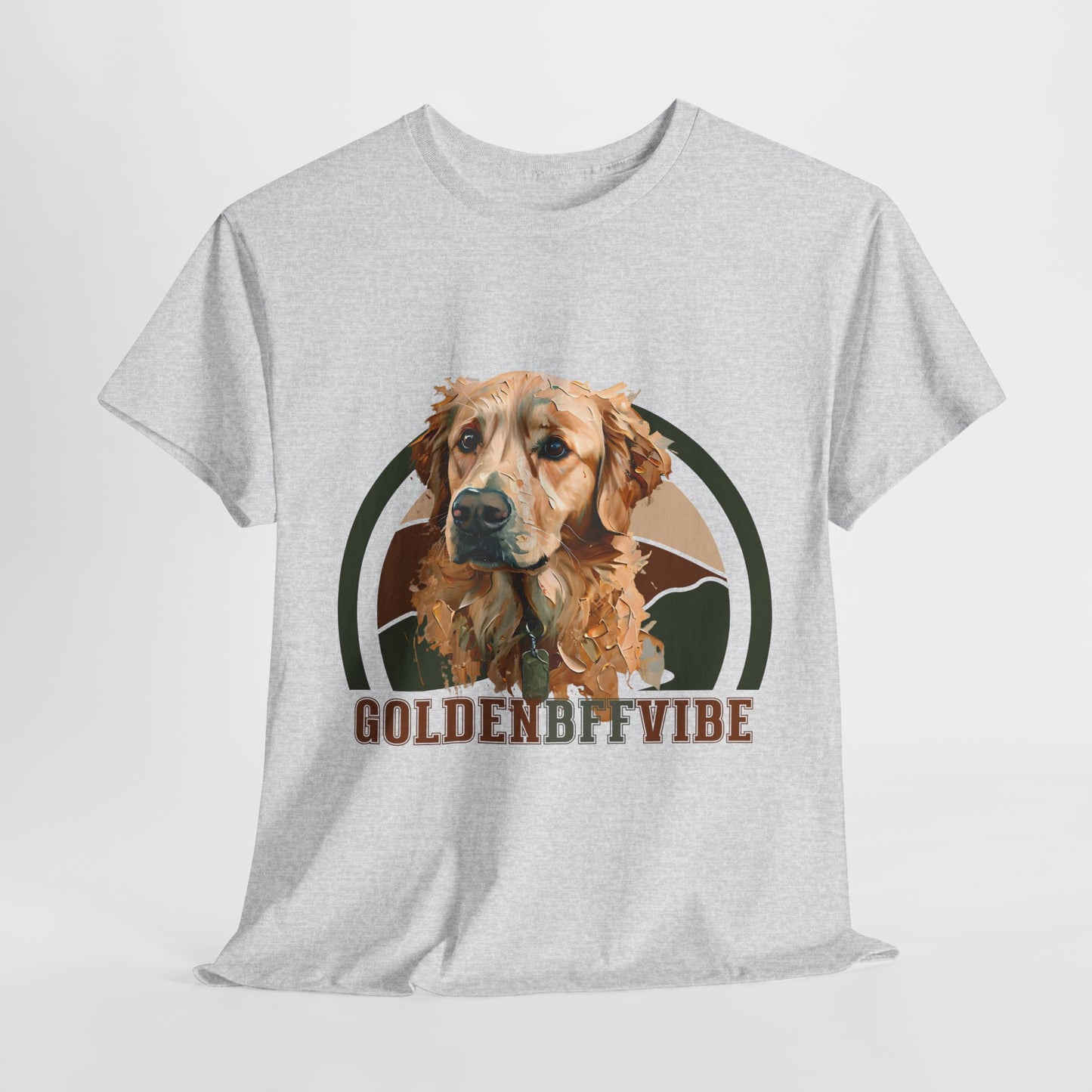 Gray t-shirt with a golden retriever graphic and 'Golden BFF Vibe' text on a white background
