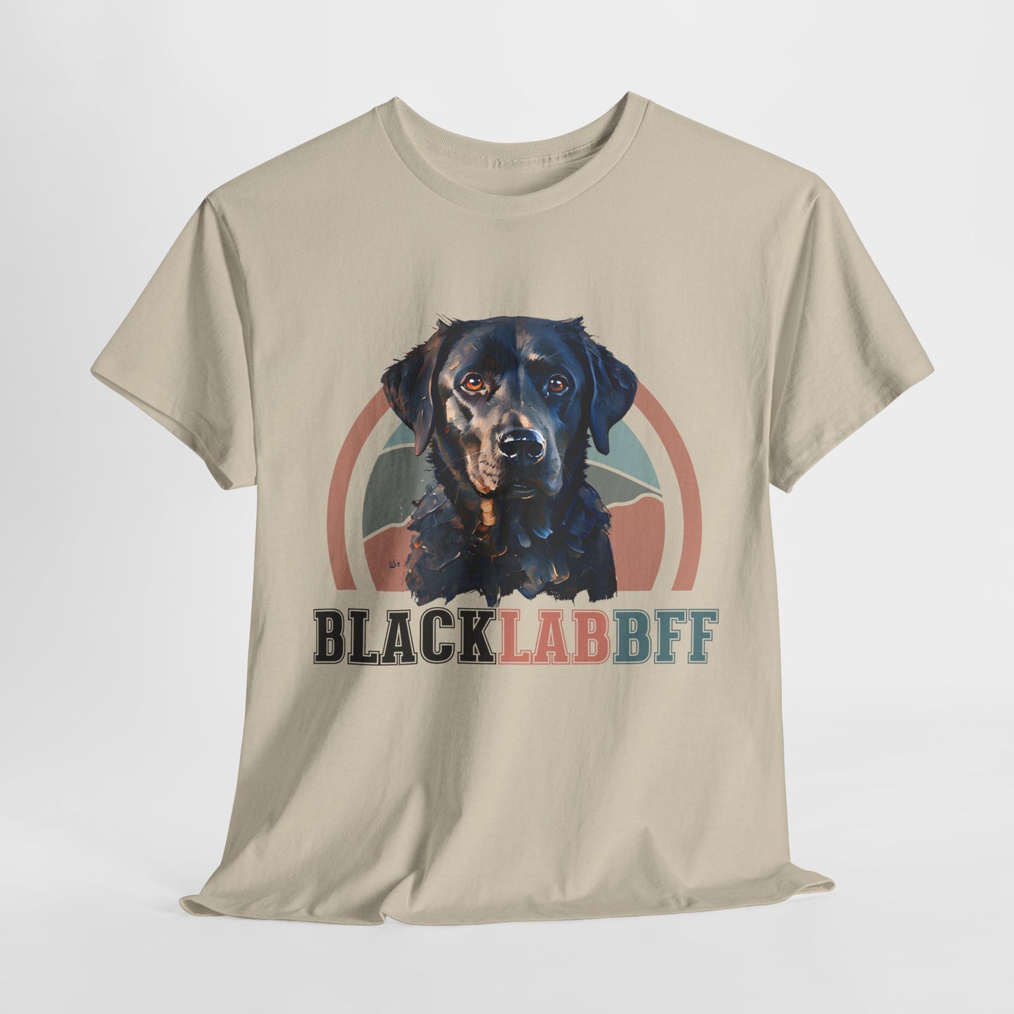 Beige t-shirt with a black labrador graphic and 'BLACK LAB BFF' text on a white background