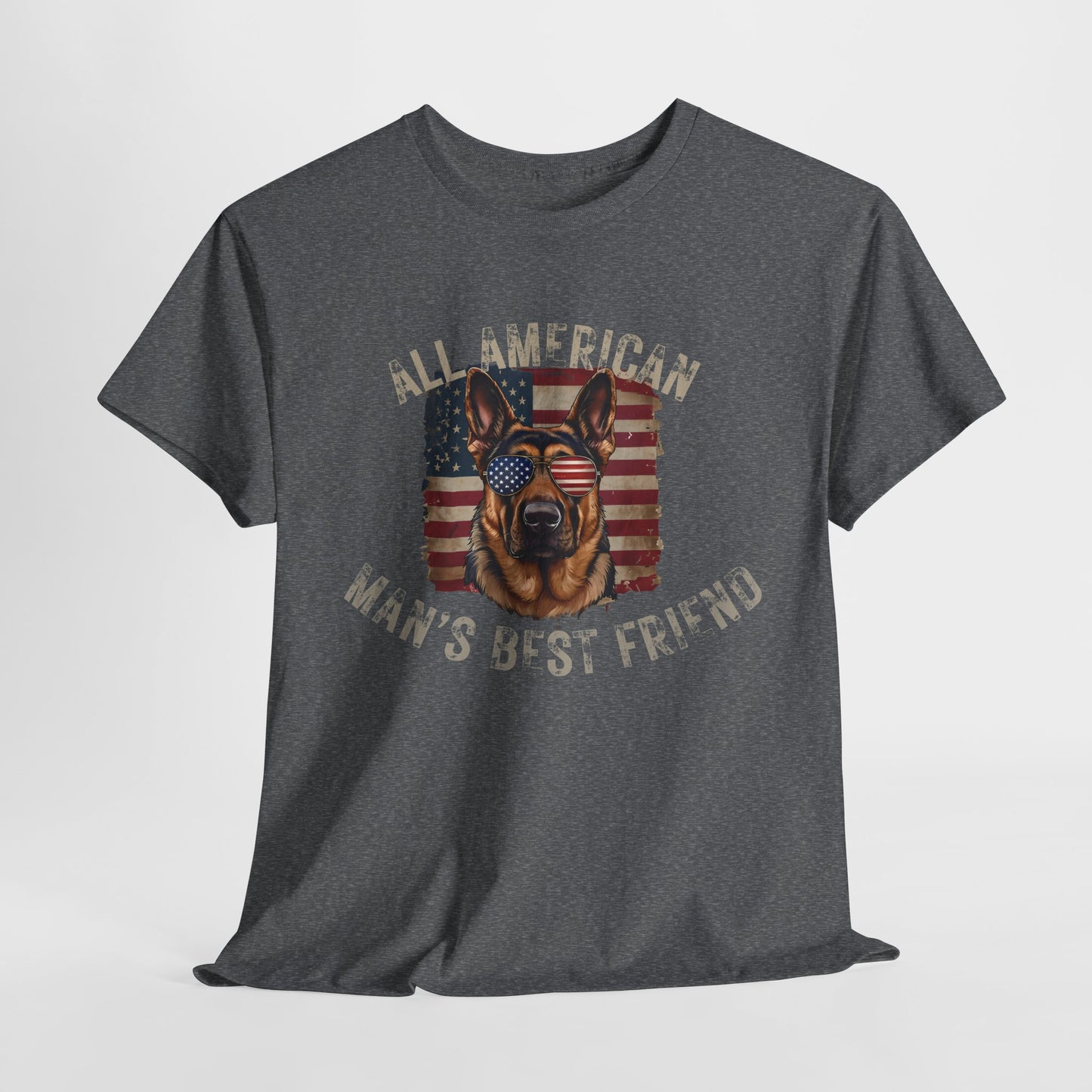 Gray t-shirt with a graphic of a dog and American flag text on a white background