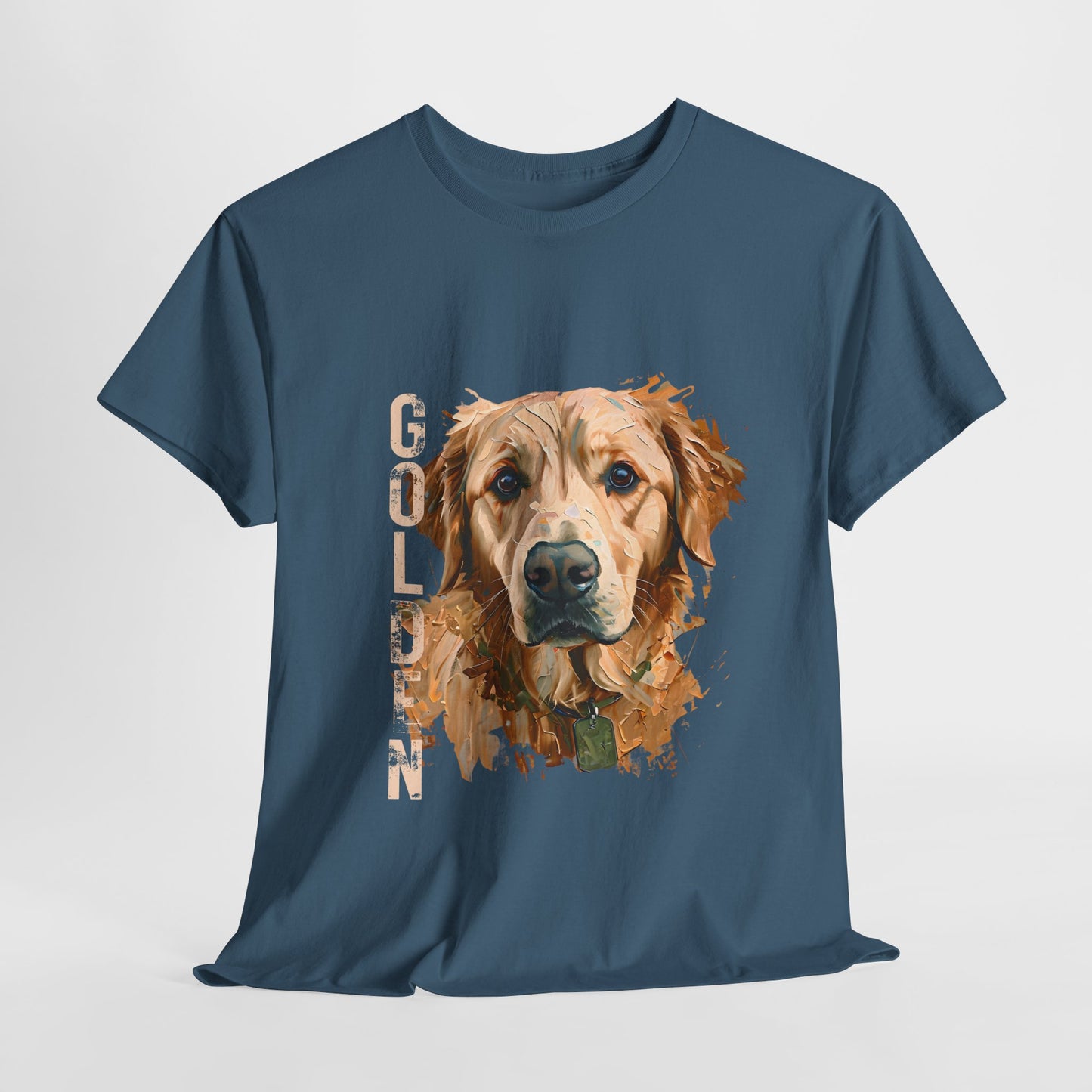 Navy blue t-shirt with a golden retriever graphic and 'Golden' text on a light gray background