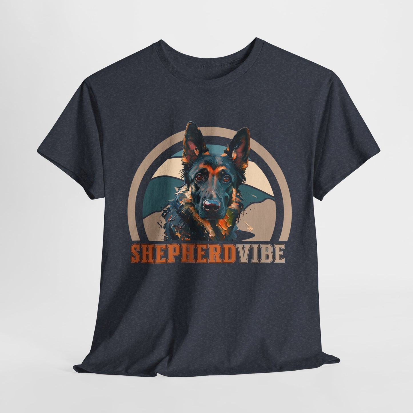 Black t-shirt with a dog graphic and 'Shepherd Vibe' text on a light gray background